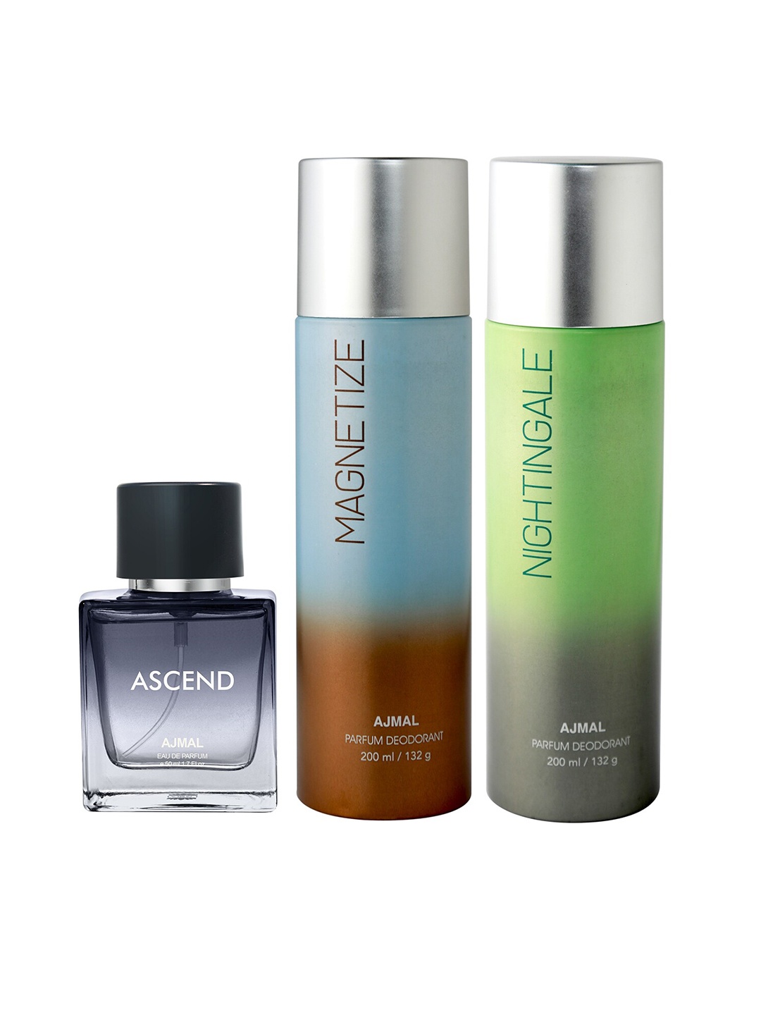 

Ajmal Ascend Eau de Parfum 50ml with Magnetize & Nightingale Deodorant 200ml each, Blue