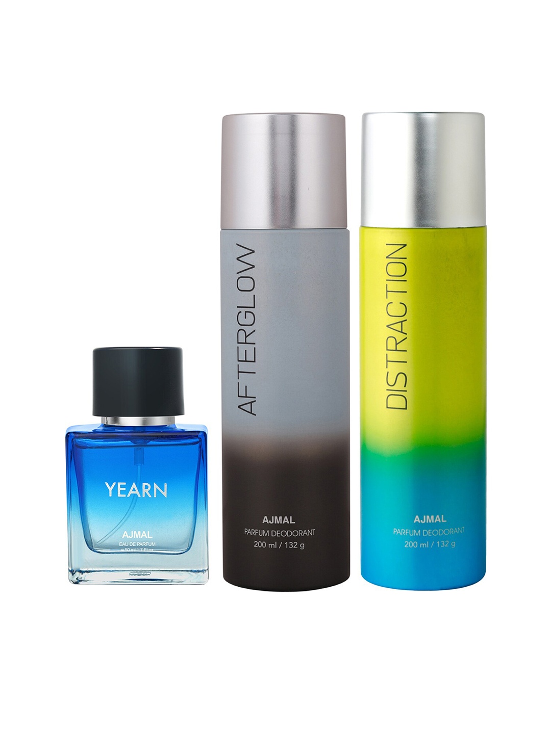 

Ajmal Yearn Eau de Parfum 50ml with Afterglow & Distraction Deodorant 200ml each, Blue