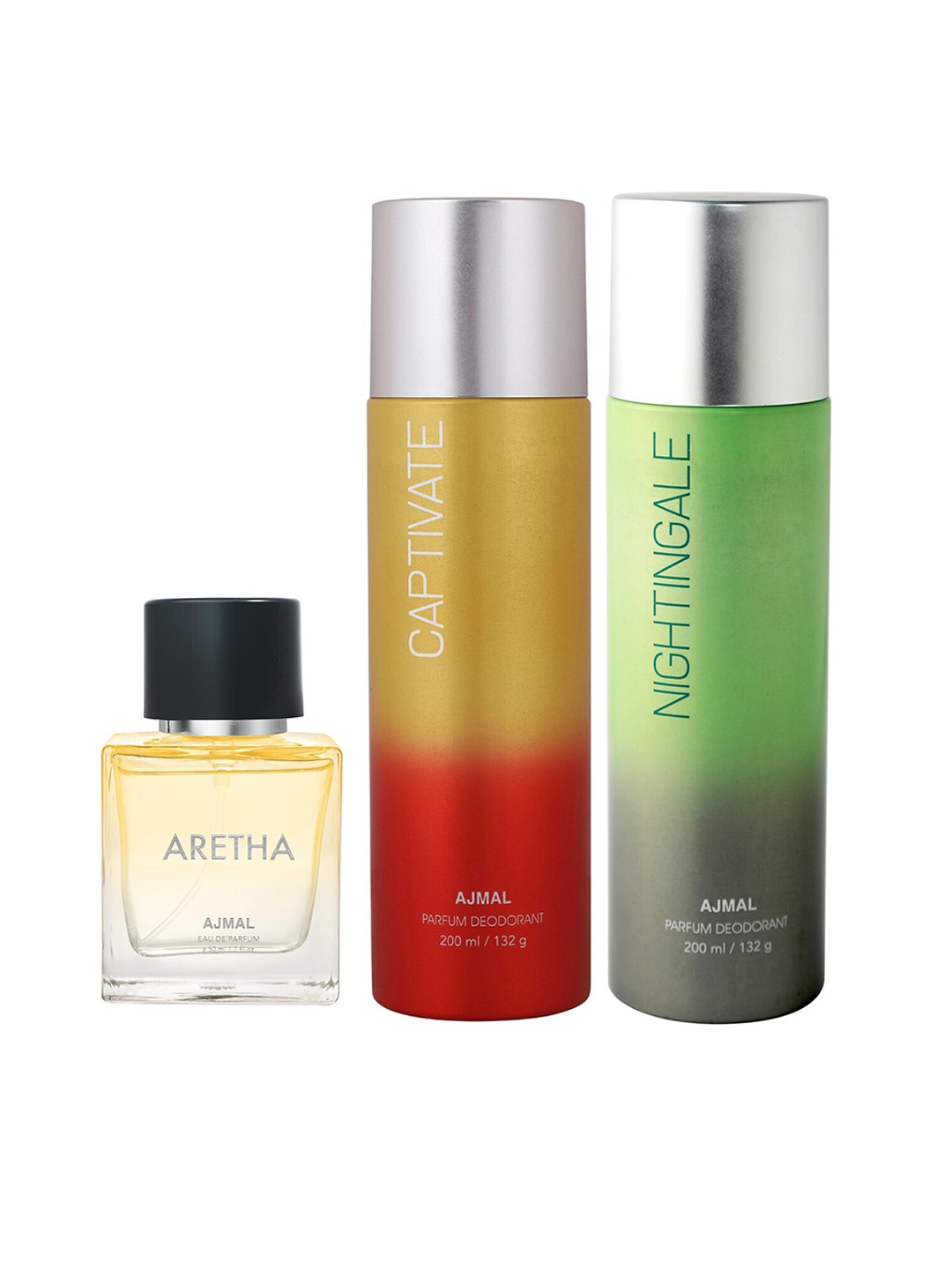 

Ajmal Aretha Eau de Parfum 50ml with Nightingale & Captivate Deodorant 200ml each, Yellow