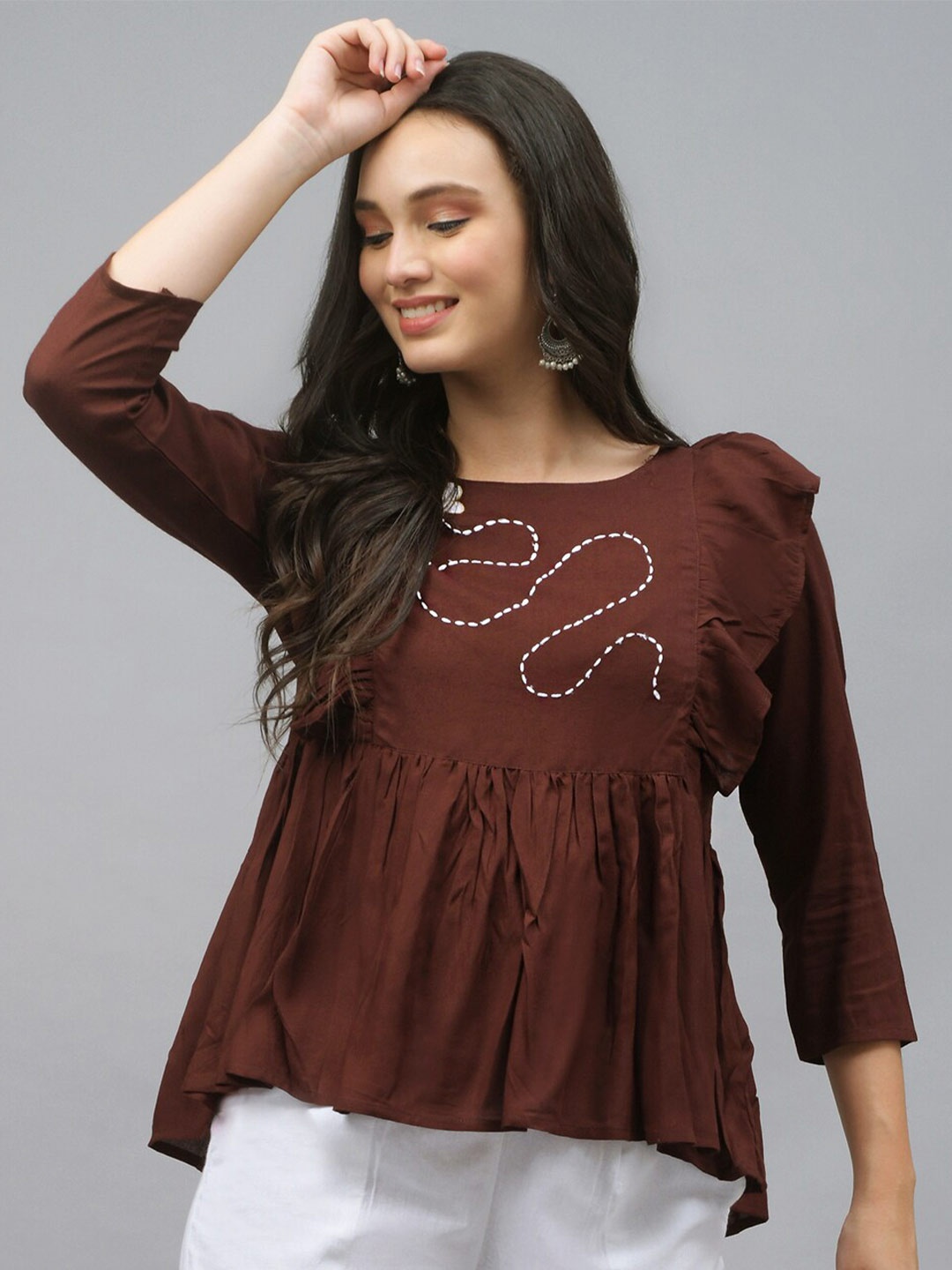 

Neemiya Brown Embellished Flared Sleeves A-lineTop