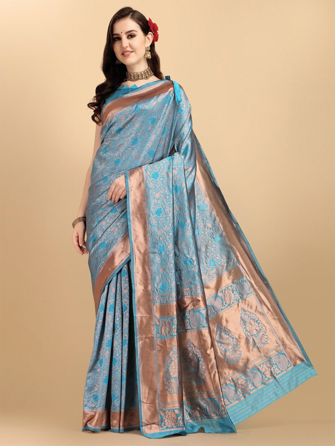 

Ethnic Junction Woven Design Embellished Zari Silk Blend Banarasi Saree, Blue