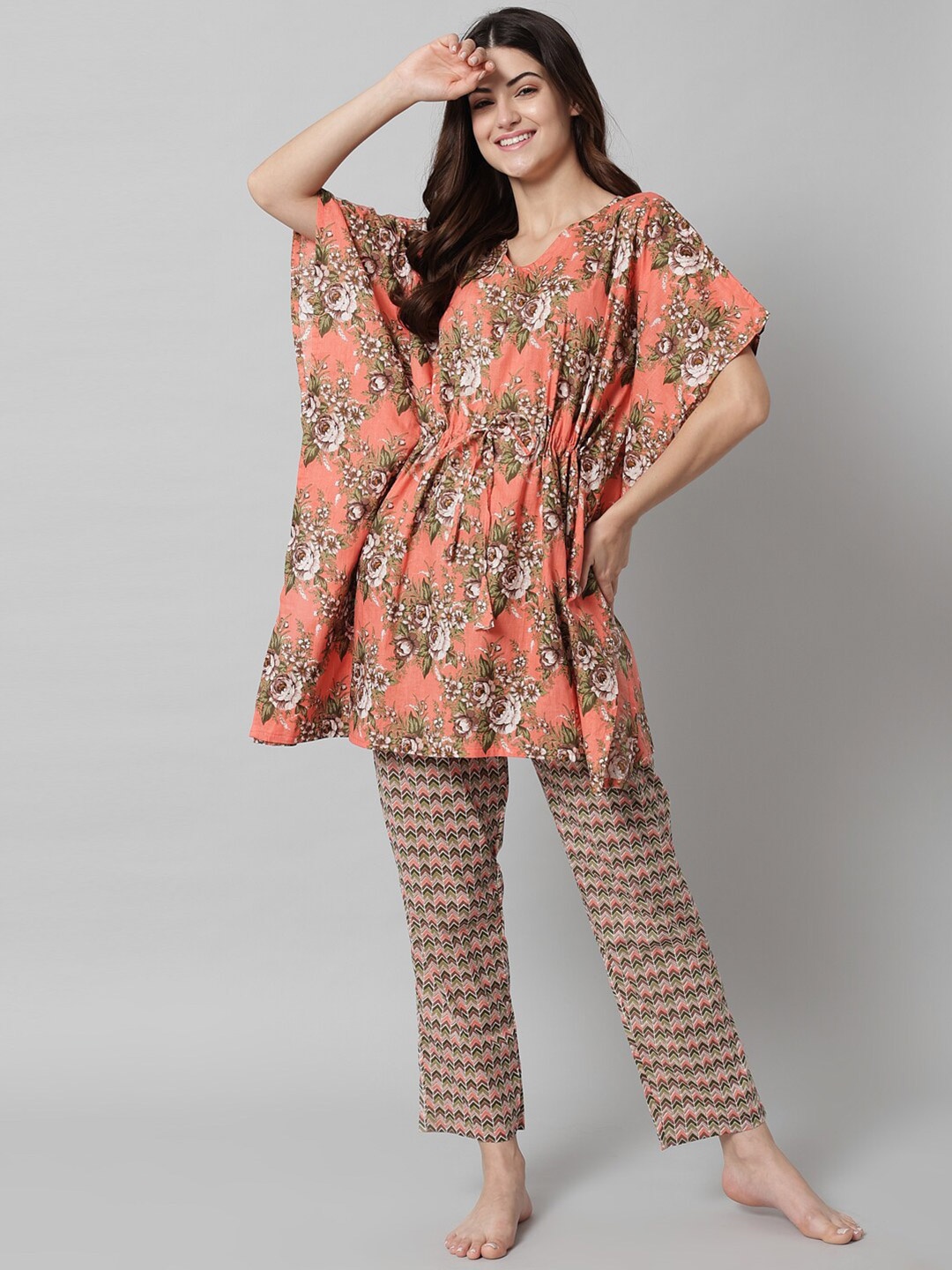 

SEPHANI Women Peach Floral Printed Kaftan Cotton Night Suit