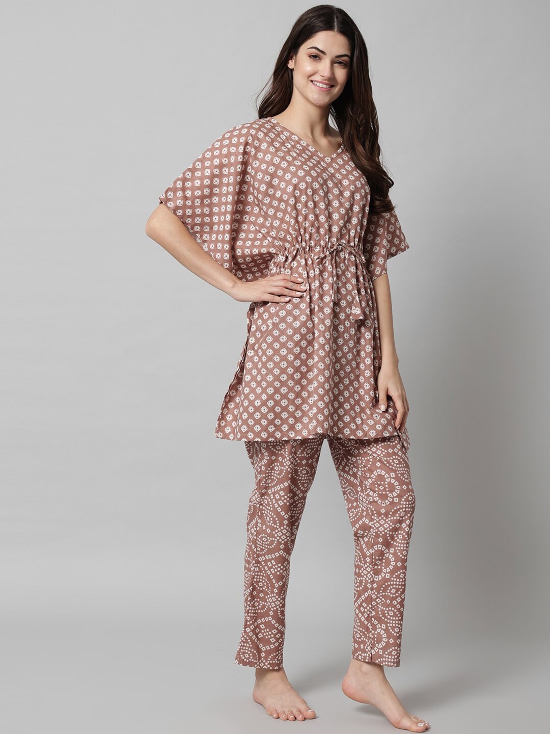 

SEPHANI Women Brown Printed Kaftan Nightsuit