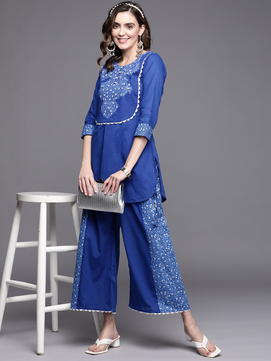 

Ahalyaa Women Ethnic Motifs Printed Gotta Patti Pure Cotton Kurti With Palazzos, Blue