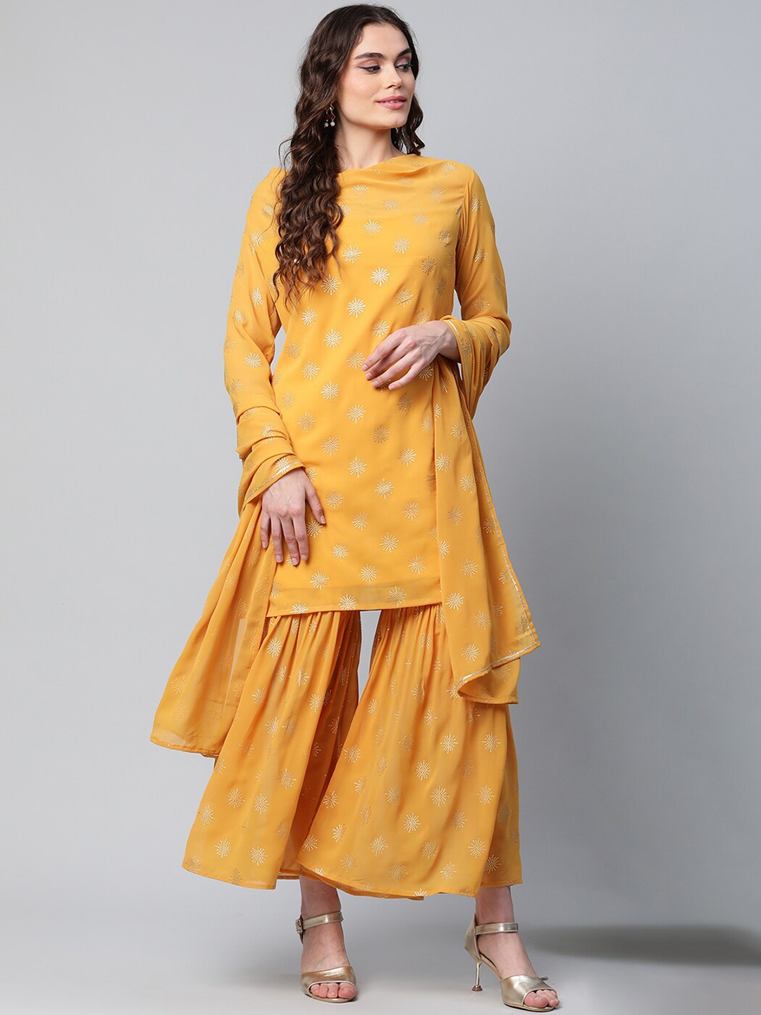 

Ahalyaa Women Mustard Yellow Ethnic Motifs Printed Kurta with Sharara