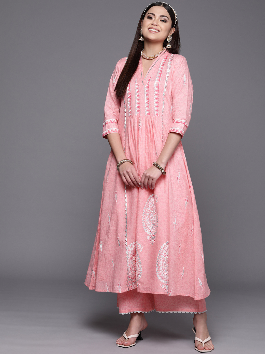 

Ahalyaa Women Pink Ethnic Motifs Printed Pleated Pure Cotton Kurta with Palazzos