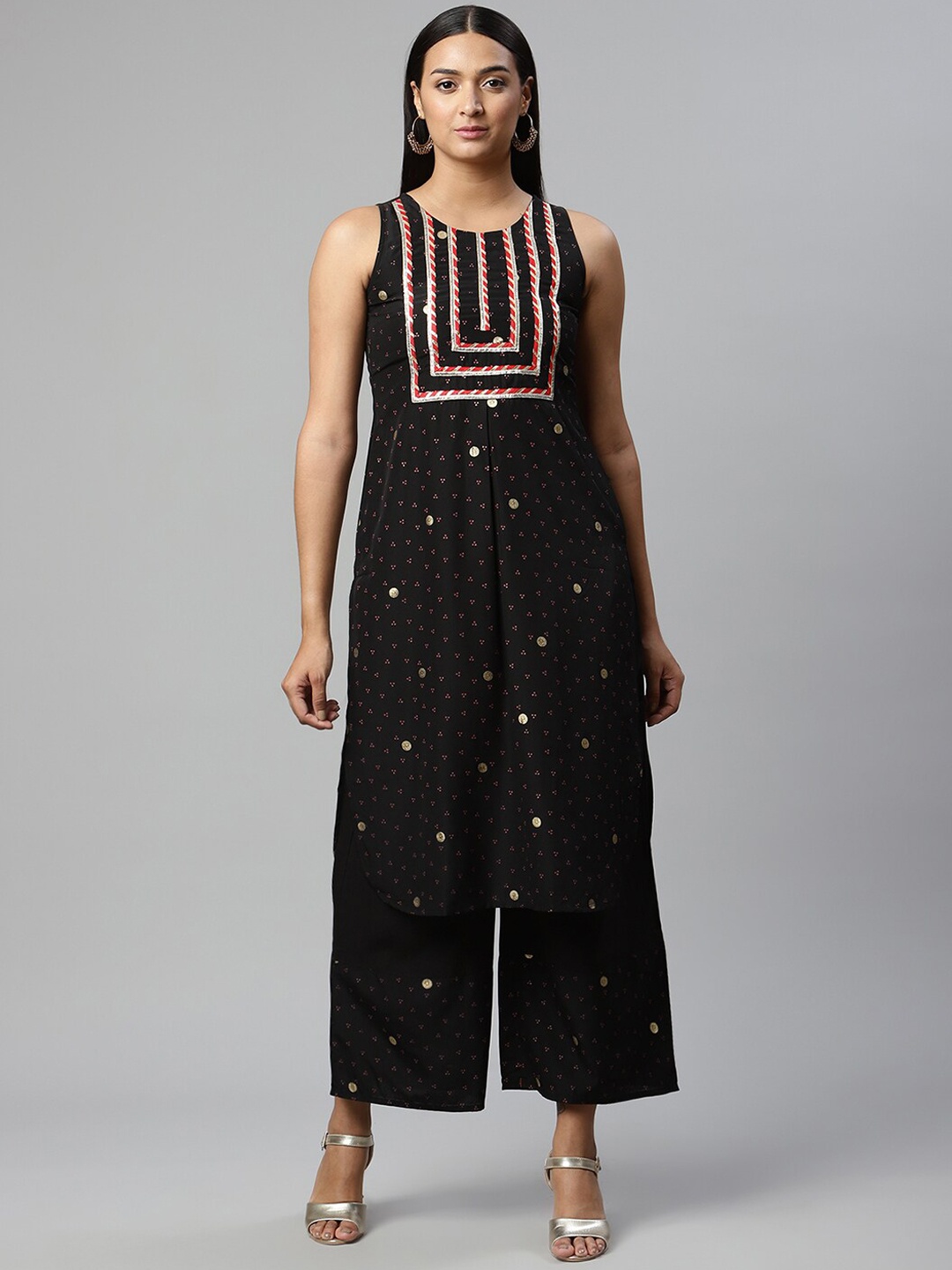 

Ahalyaa Women Black Printed Pleated Kurta with Palazzos