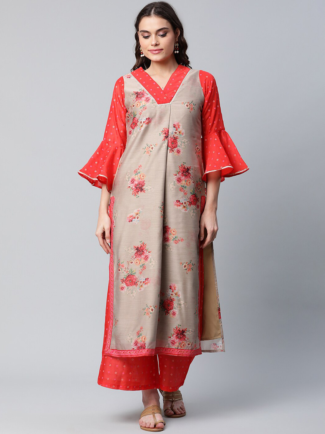 

Ahalyaa Women Brown Floral Printed Kurta with Palazzos & With Dupatta