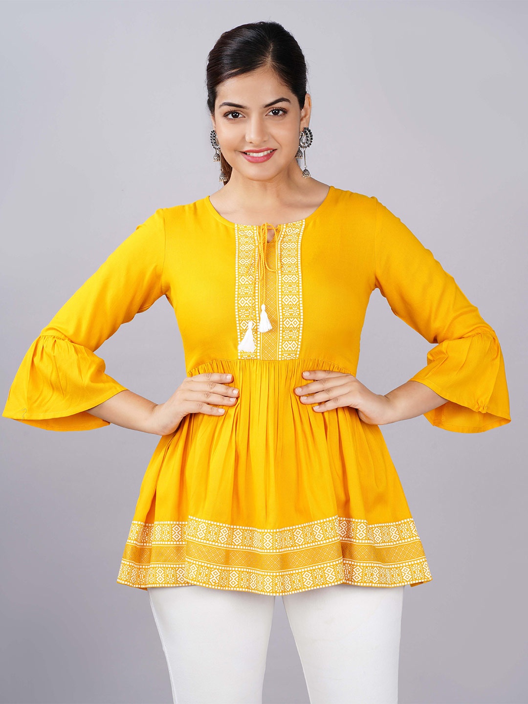 

CHRISTEENA Women Mustard Yellow Tie-Up Neck Top