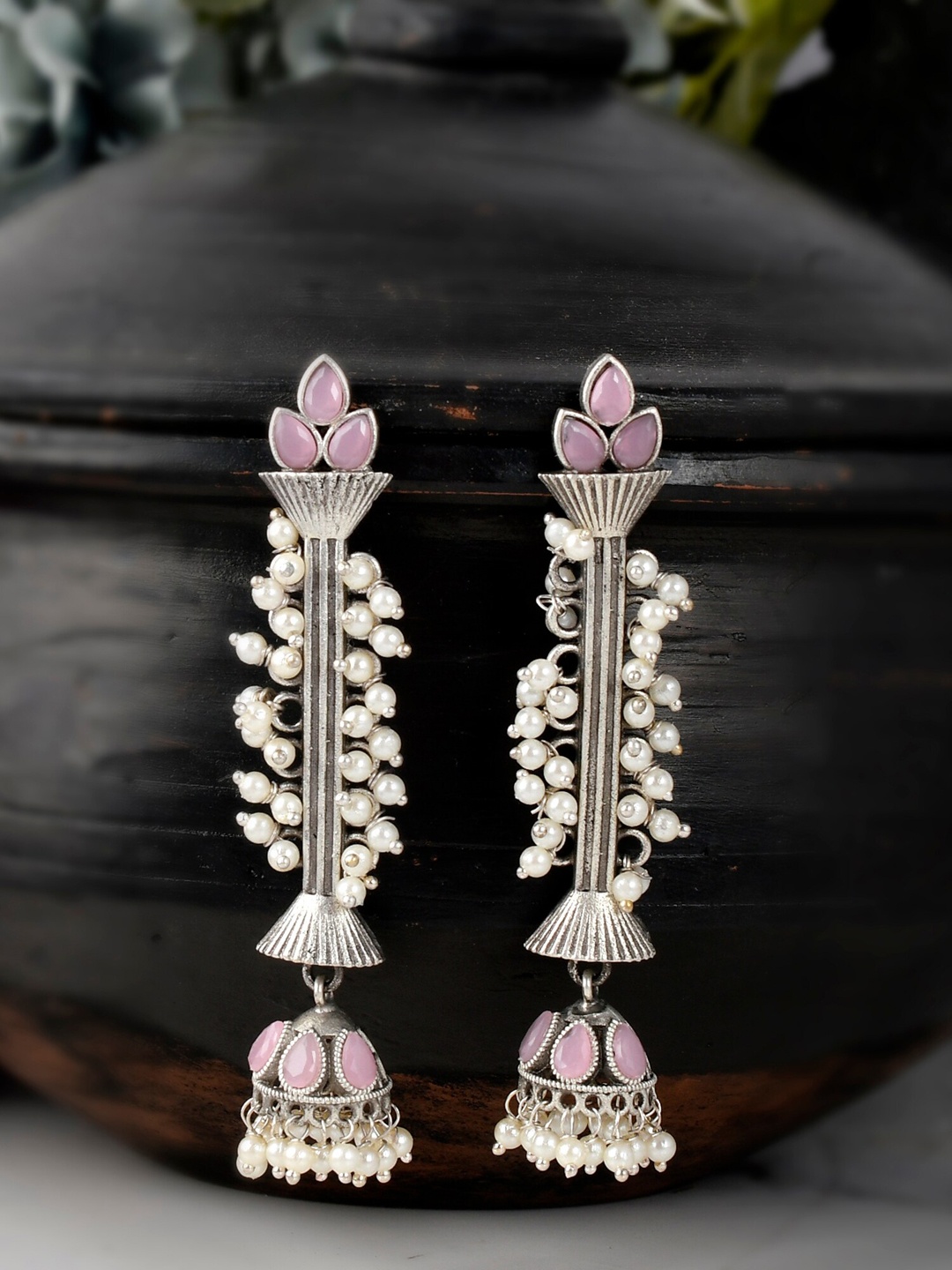 

DASTOOR Silver-Toned & White Contemporary Jhumkas Earrings
