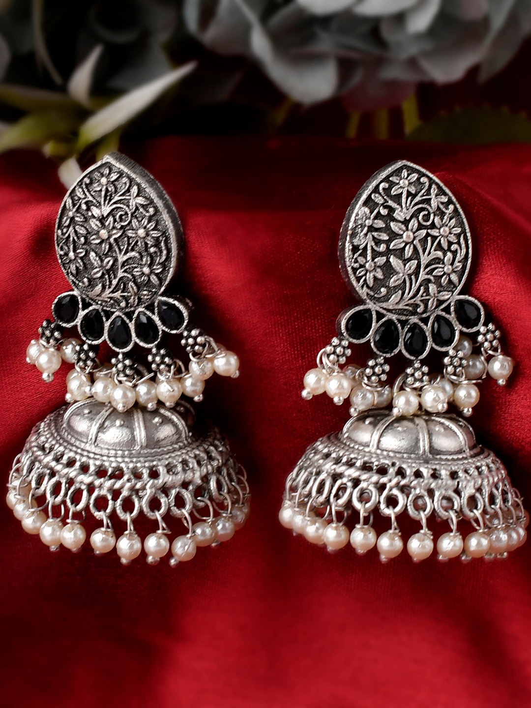 

DASTOOR Silver-Toned Contemporary Jhumkas Earrings