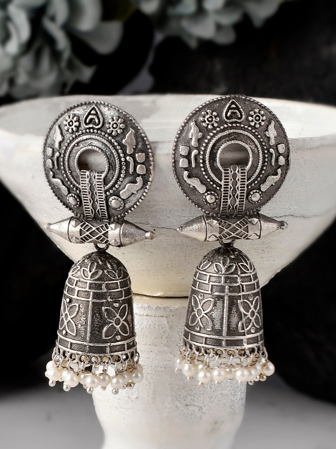 

DASTOOR Silver-Toned Contemporary Jhumkas Earrings