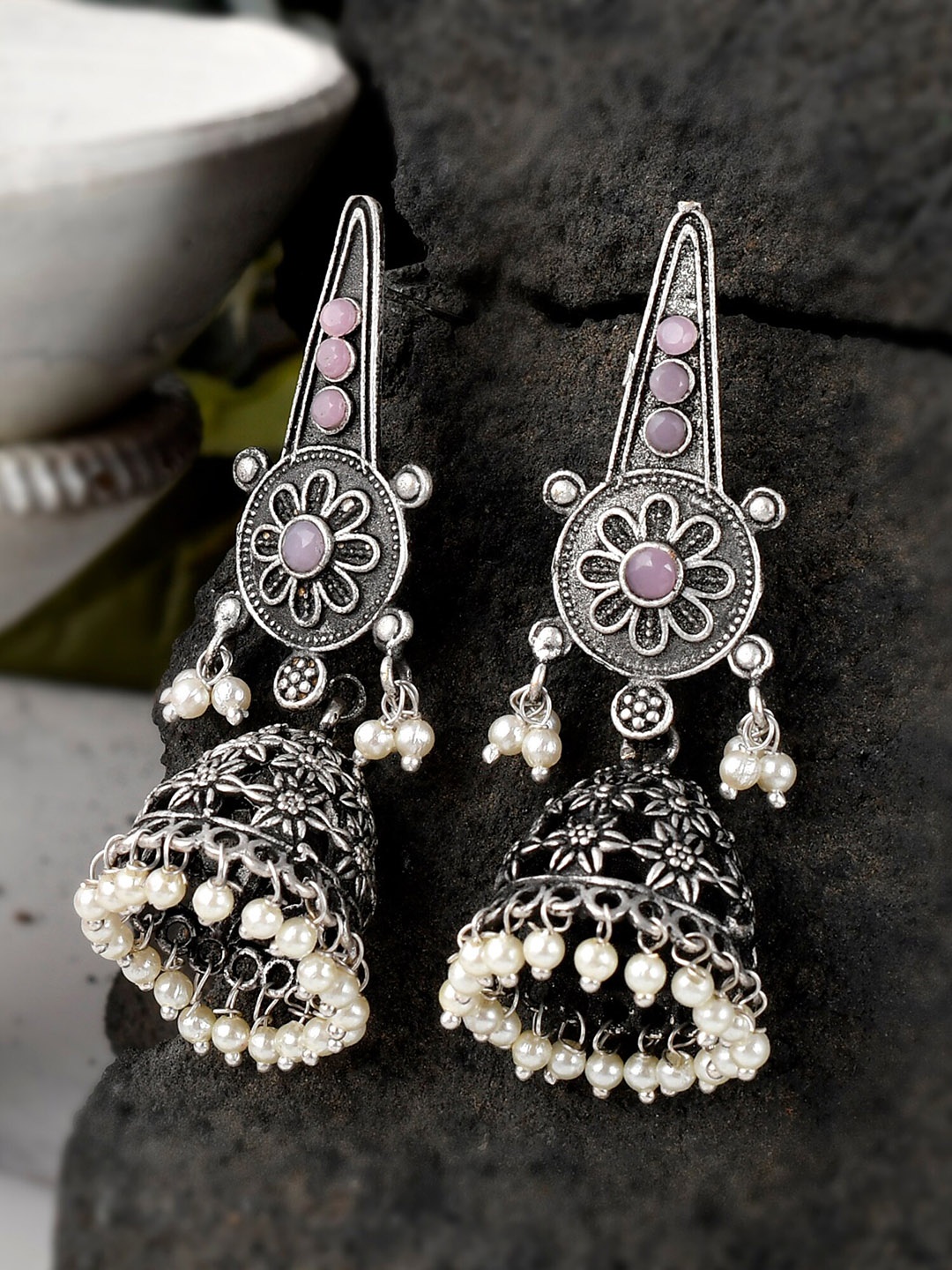 

DASTOOR Silver-Toned Contemporary Jhumkas Earrings