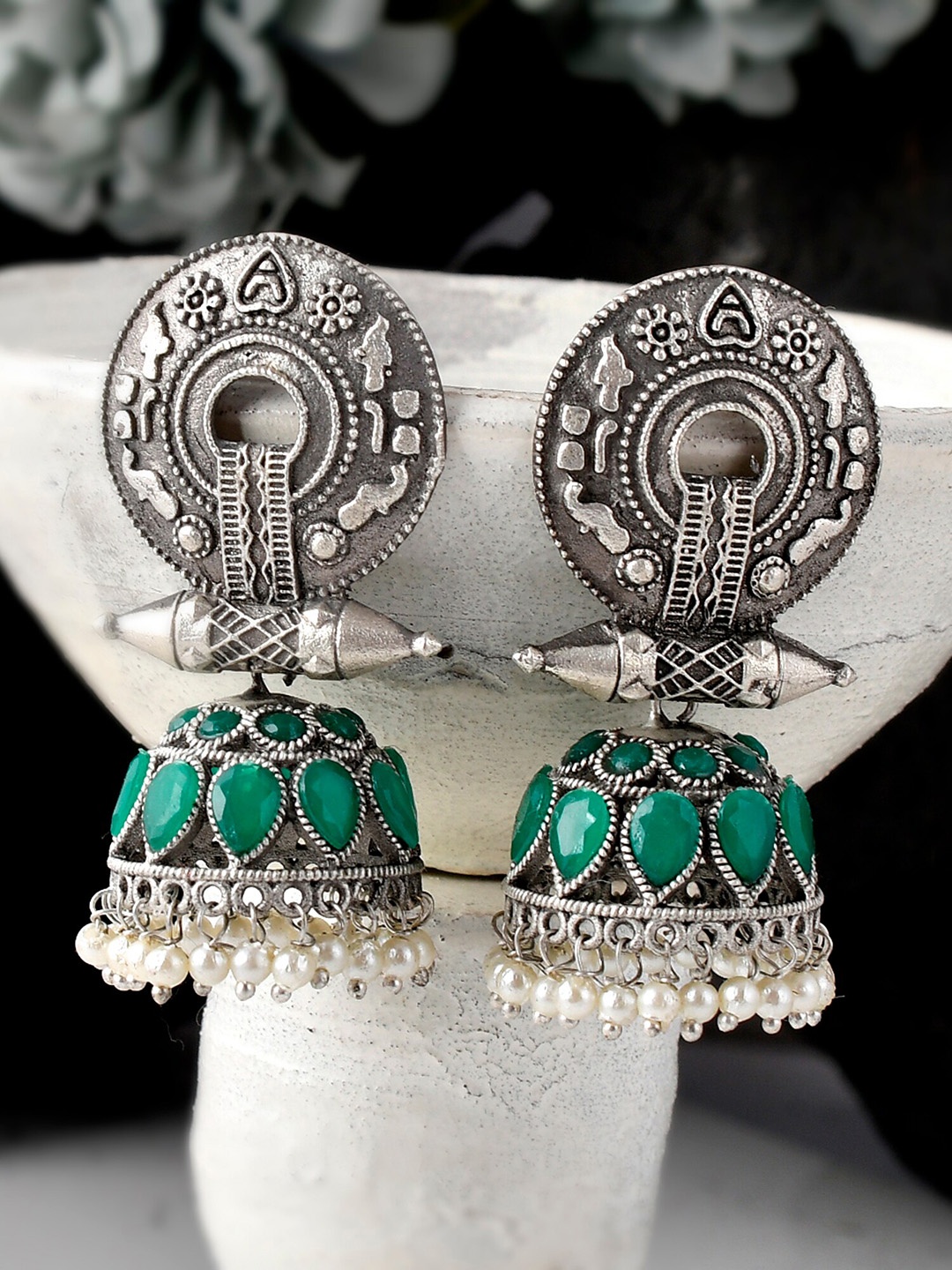 

DASTOOR Silver-Toned Contemporary Jhumkas Earrings