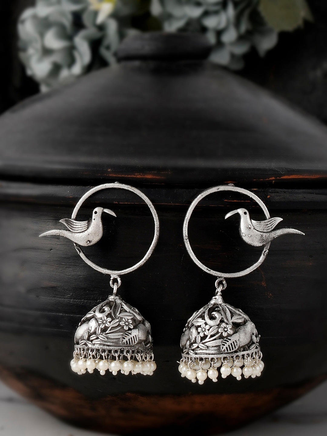 

DASTOOR Silver-Toned Contemporary Jhumkas Earrings