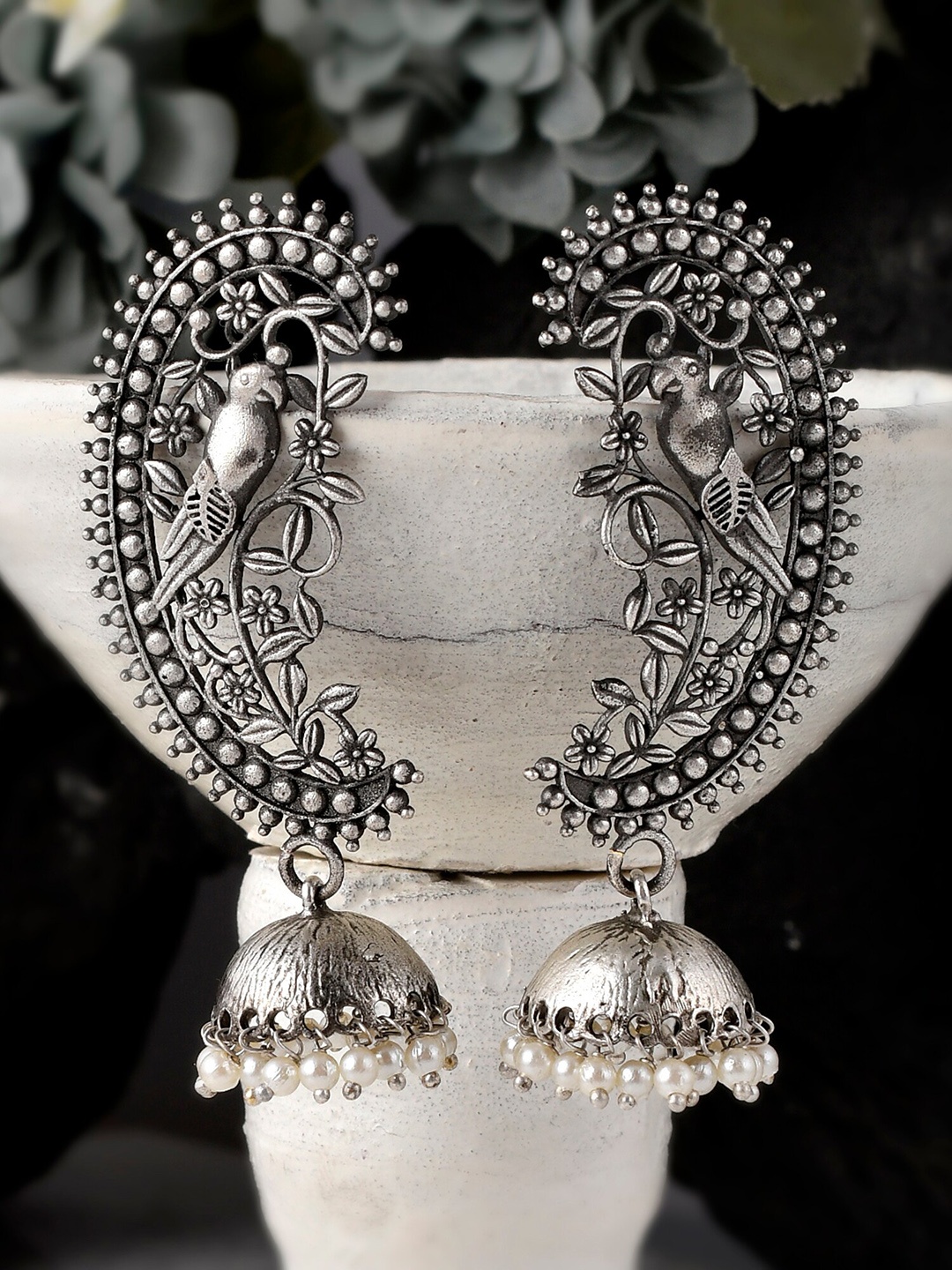 

DASTOOR Silver-Toned Contemporary Jhumkas Earrings