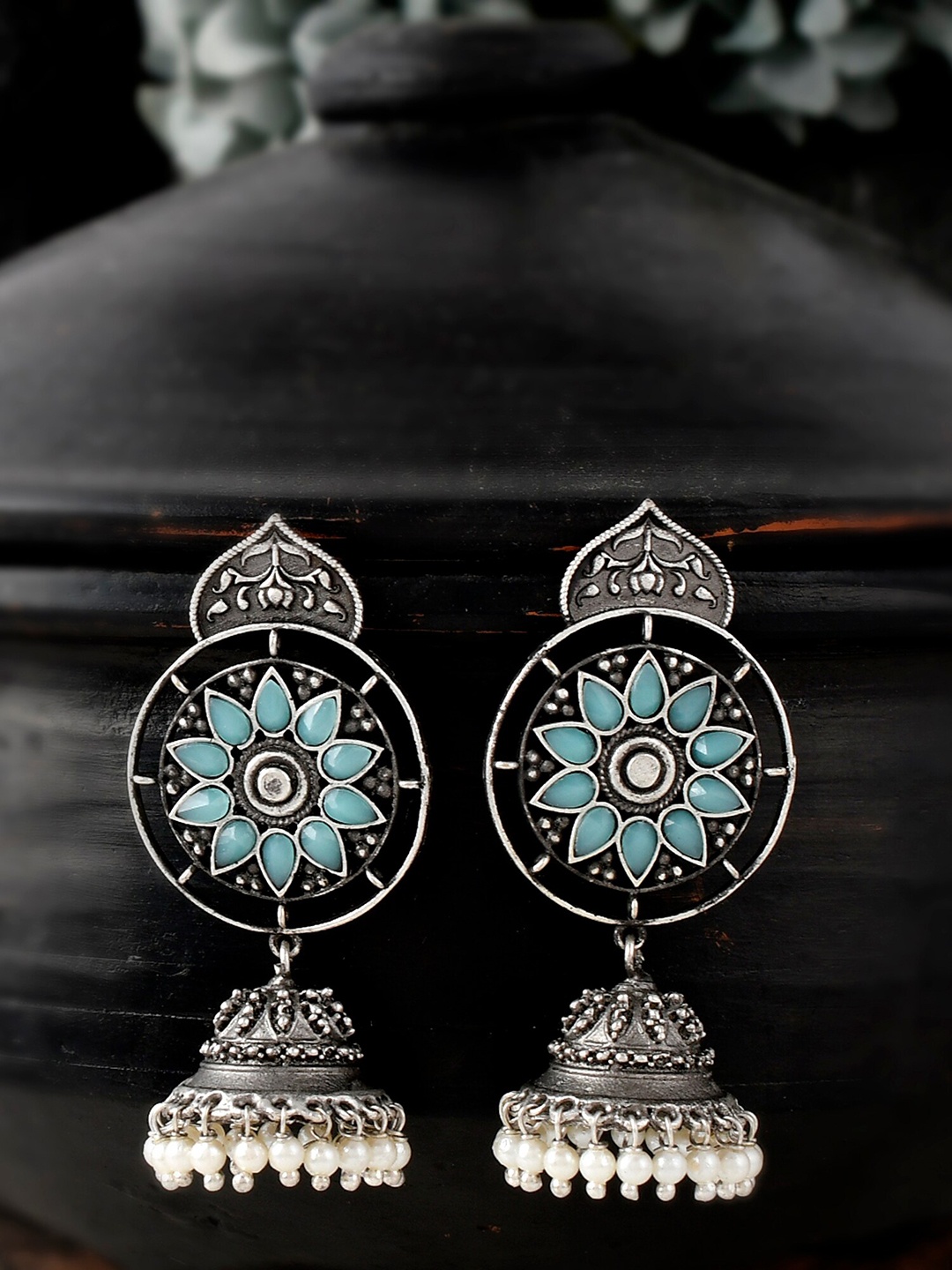 

DASTOOR Silver-Toned Contemporary Jhumkas Earrings