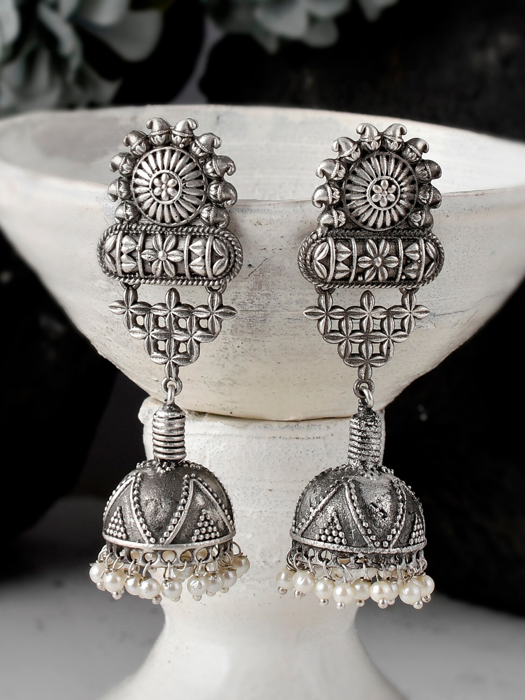 

DASTOOR Silver-Toned Contemporary Jhumkas Earrings