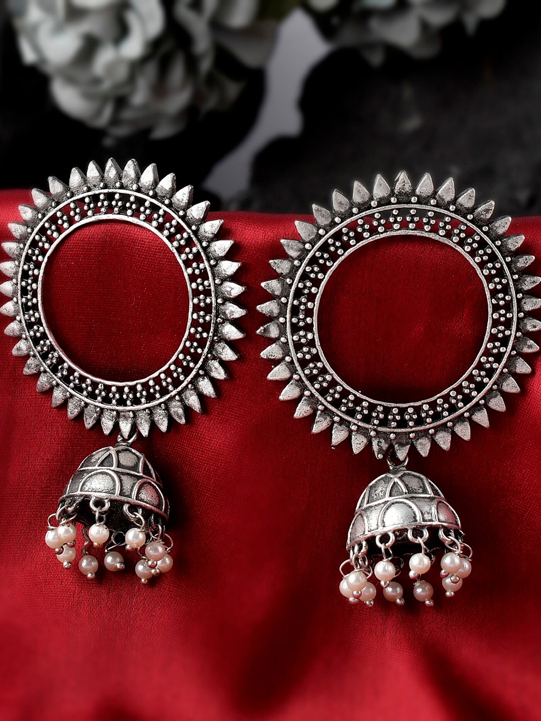 

DASTOOR Silver-Toned Contemporary Jhumkas Earrings