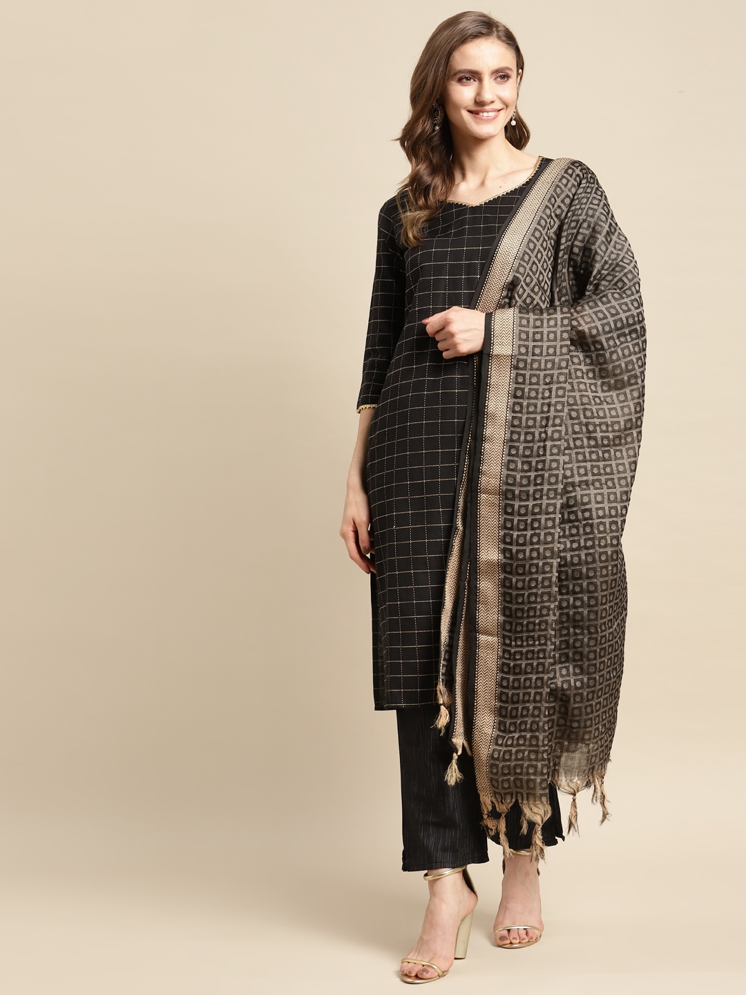 

Prakhya Women Black Checked Kurta with Palazzos & Dupatta