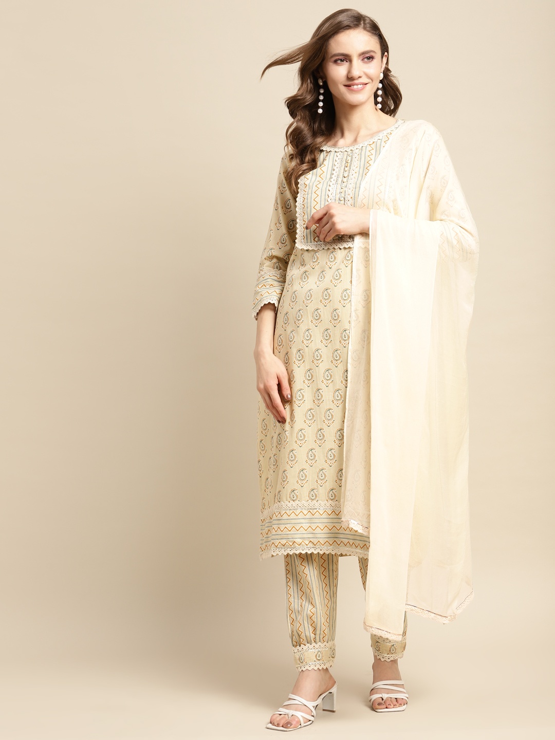 

Prakhya Women Cream-Coloured Ethnic Motifs Yoke Design Kurta with Palazzos & Dupatta