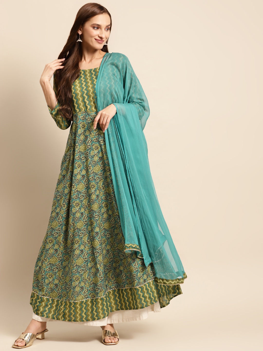 

Prakhya Women Green & Blue Floral Printed Cotton Anarkali Kurta