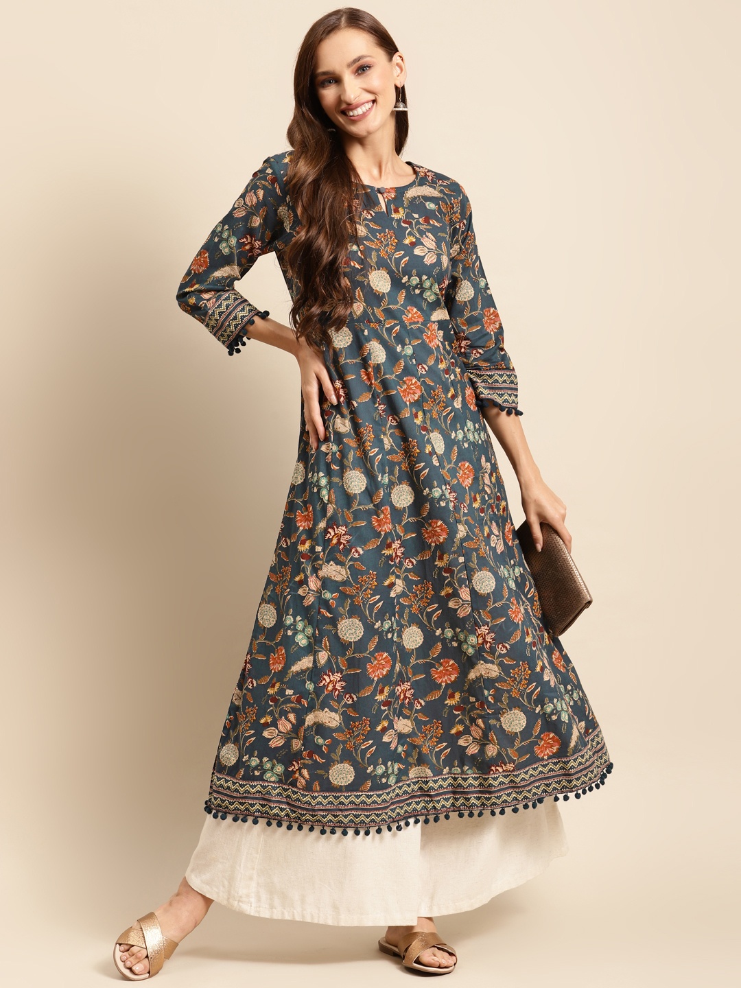 

Prakhya Women Blue & Taupe Floral Printed Cotton Anarkali Kurta