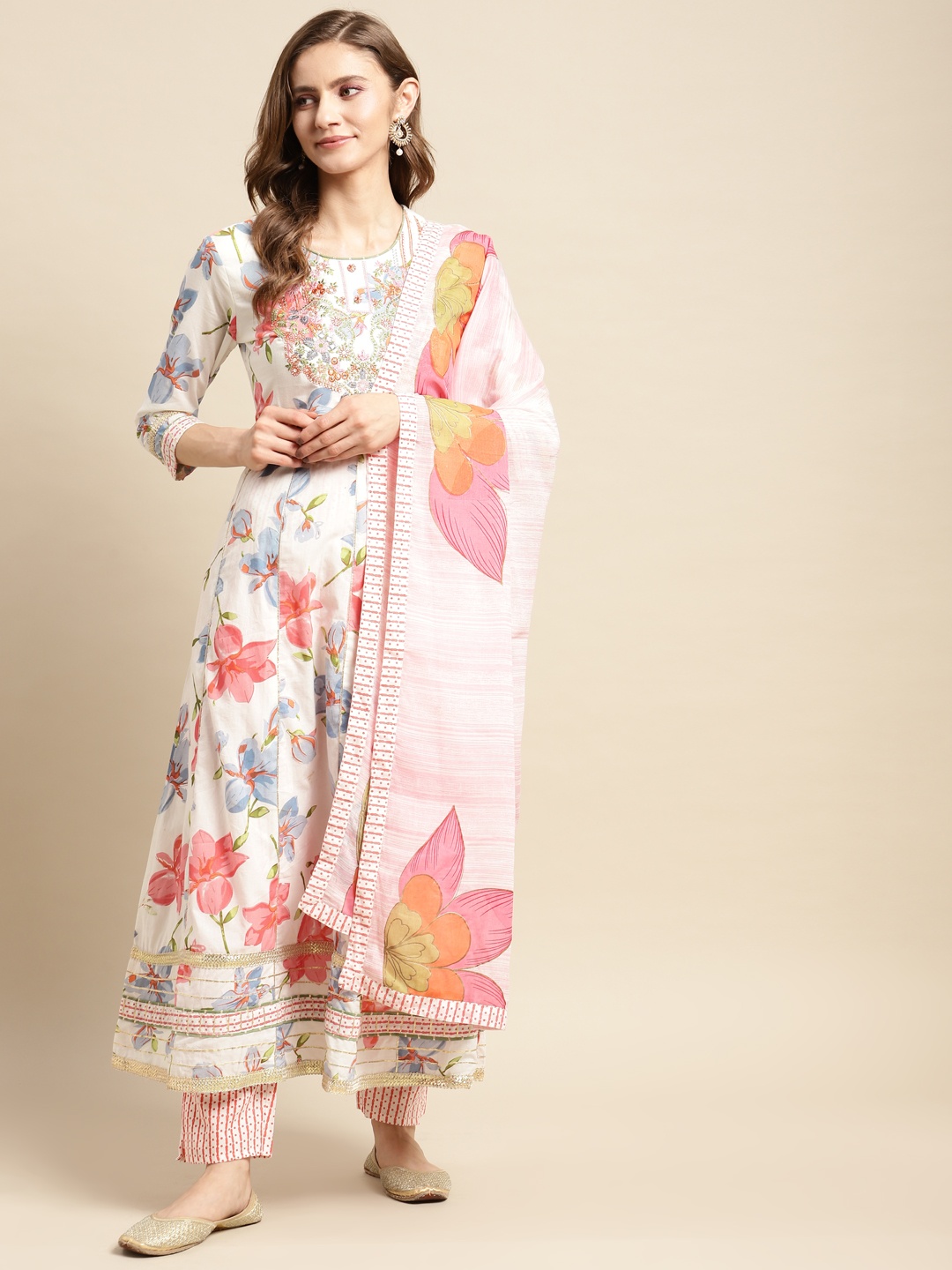 

Prakhya Women White Floral Yoke Design Mirror Work Kurta with Palazzos & Dupatta