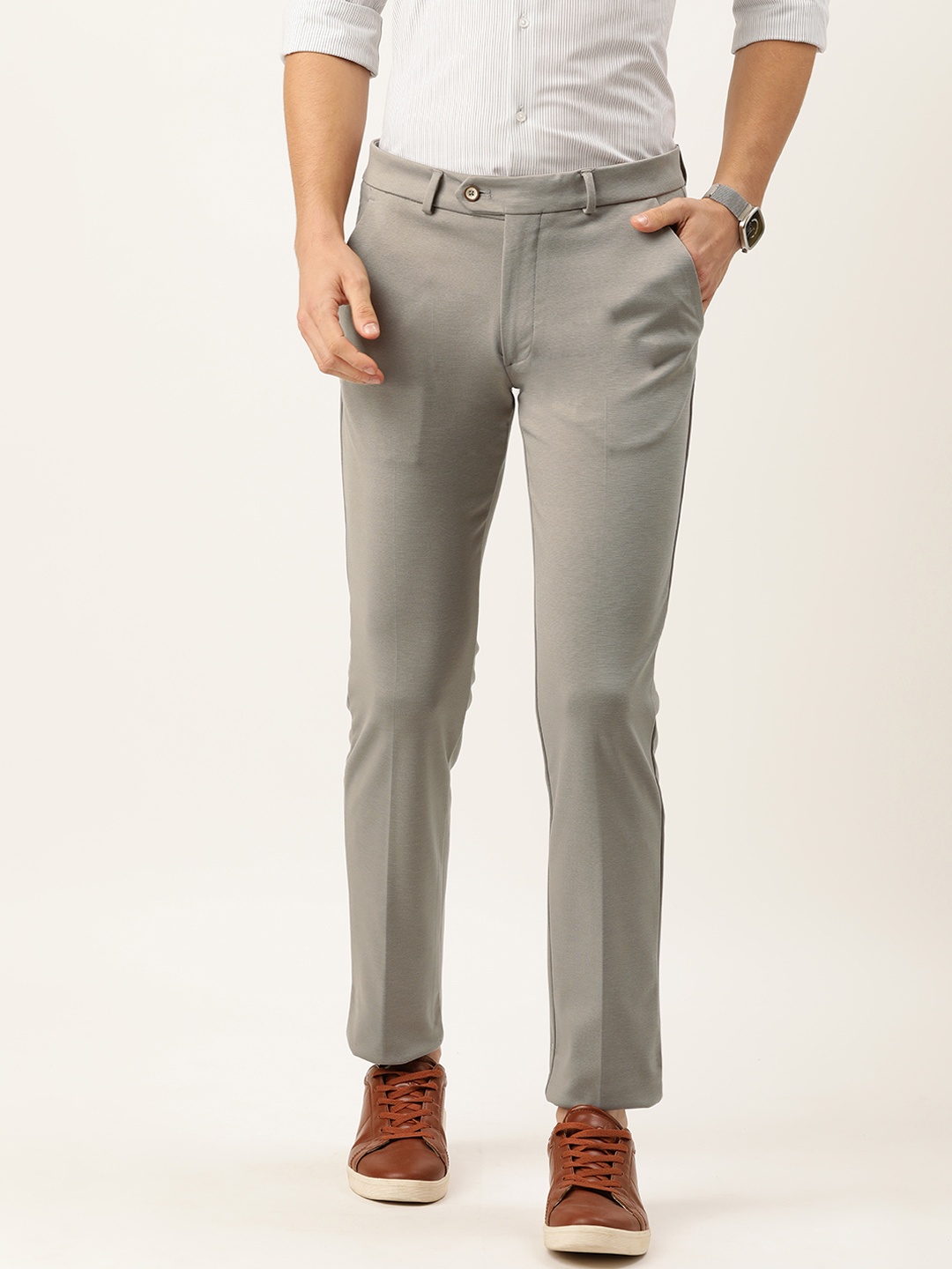 

Peter England Men Beige Textured Slim Fit Trousers