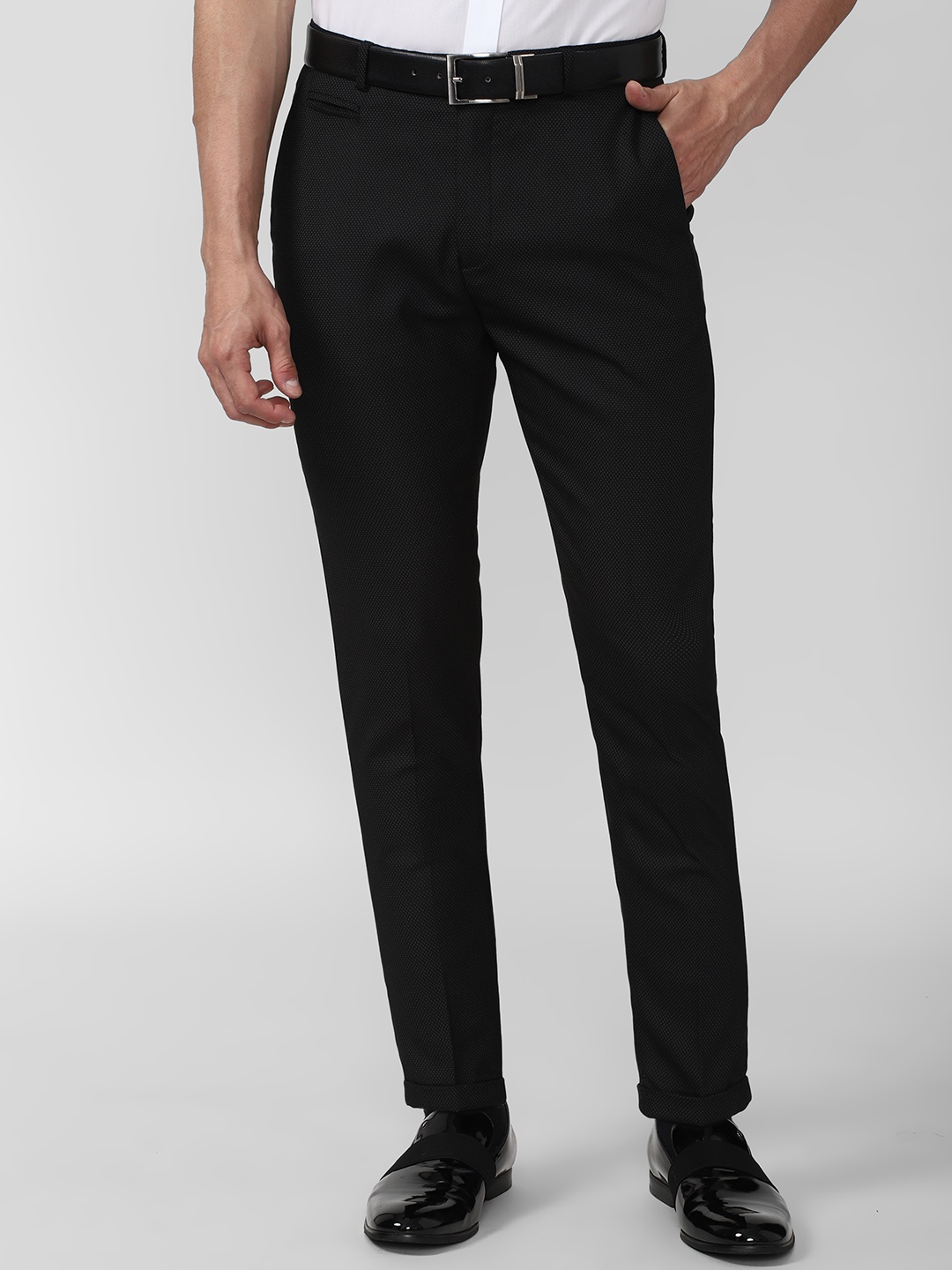 

Peter England Men Textured Carrot Fit Formal Trousers, Black