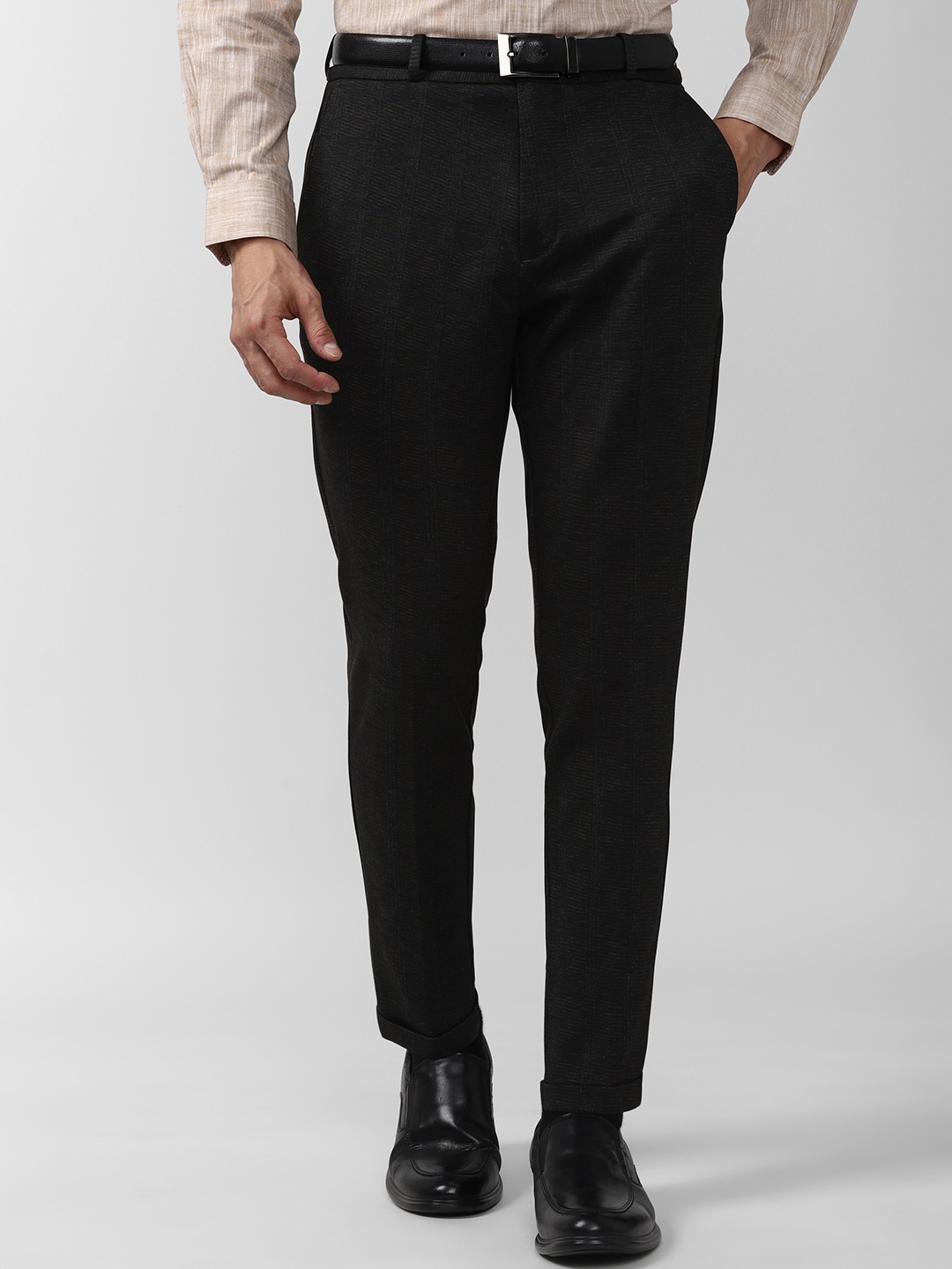 

Peter England Men Checked Carrot Fit Formal Trousers, Brown
