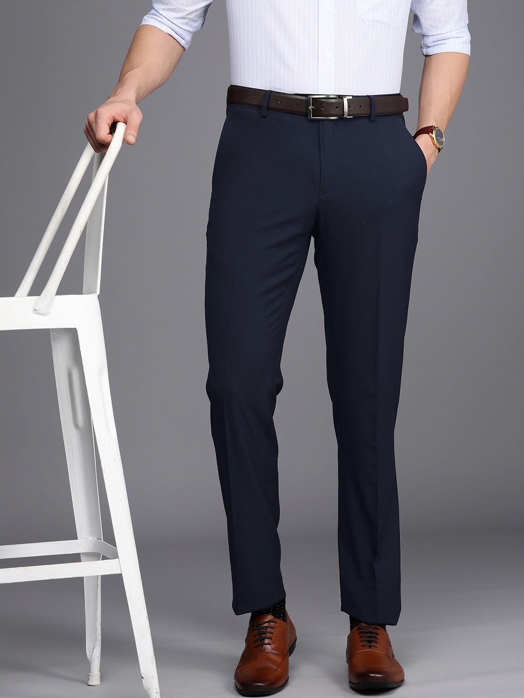 

Peter England Elite Men Navy Blue Solid Slim Fit Trousers