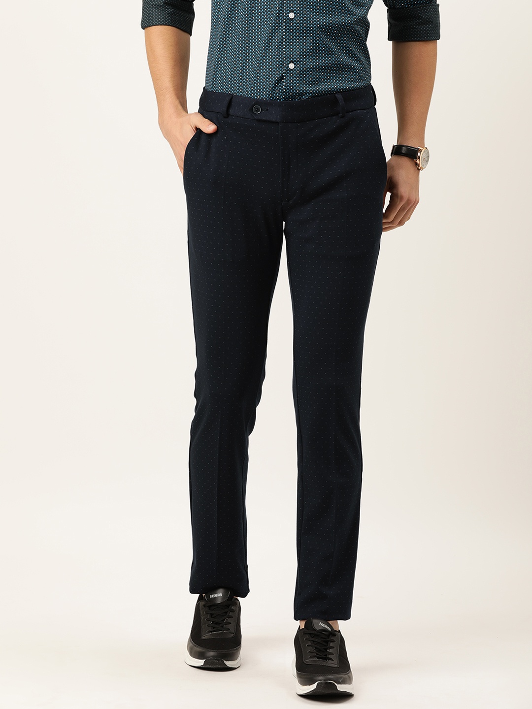 

Peter England Men Navy Blue Checked Slim Fit Trousers