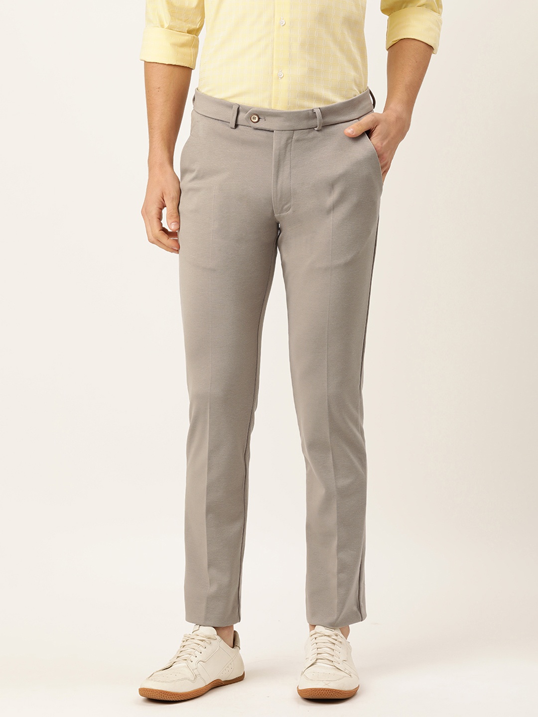 

Peter England Men Beige Textured Slim Fit Trousers