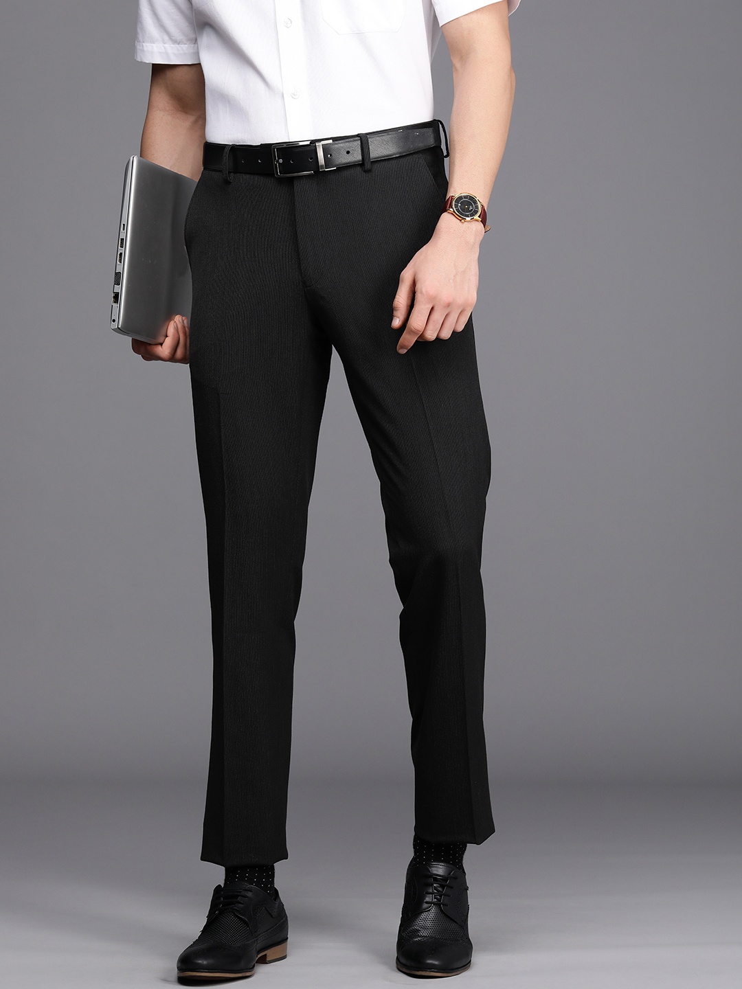 

Peter England Elite Men Black Textured Slim Fit Trousers