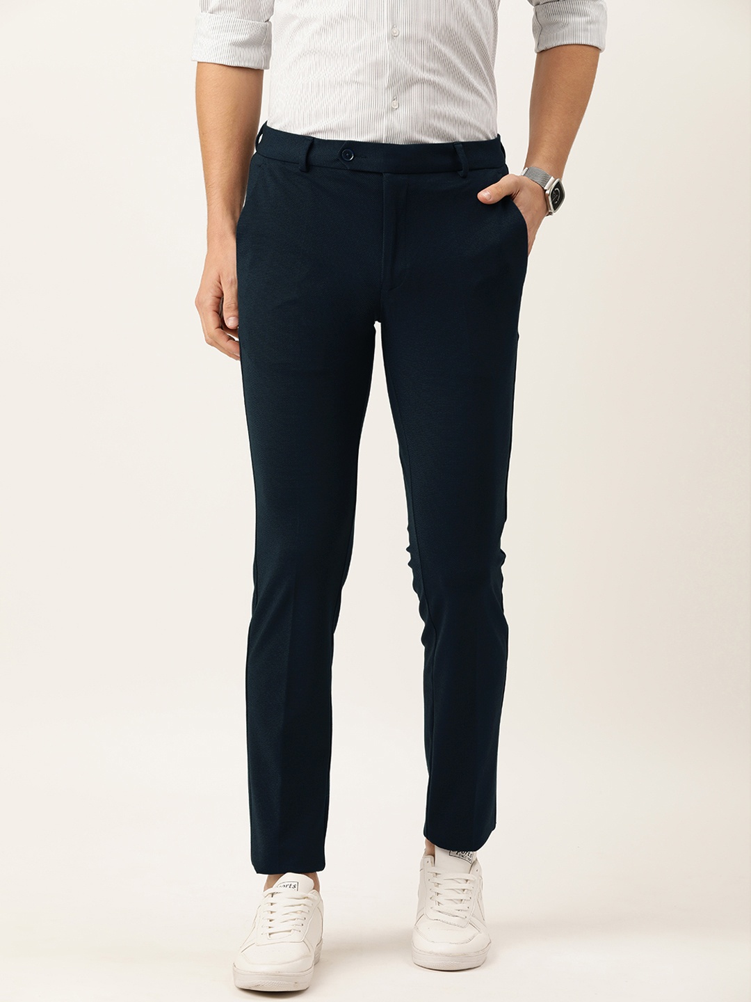

Peter England Men Navy Blue Textured Slim Fit Trousers