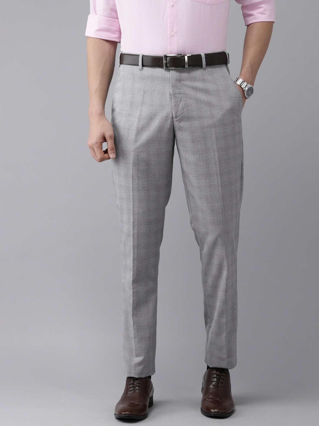 

Park Avenue Men Grey Checked Smart Fit Mid-Rise Plain Woven Flat-Front Formal Trousers