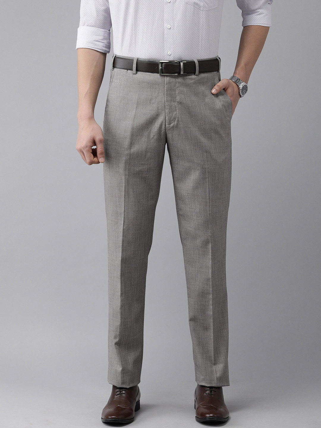 

Park Avenue Men Grey Textured Self Design Smart Fit Mid-Rise Plain Woven Formal Trousers