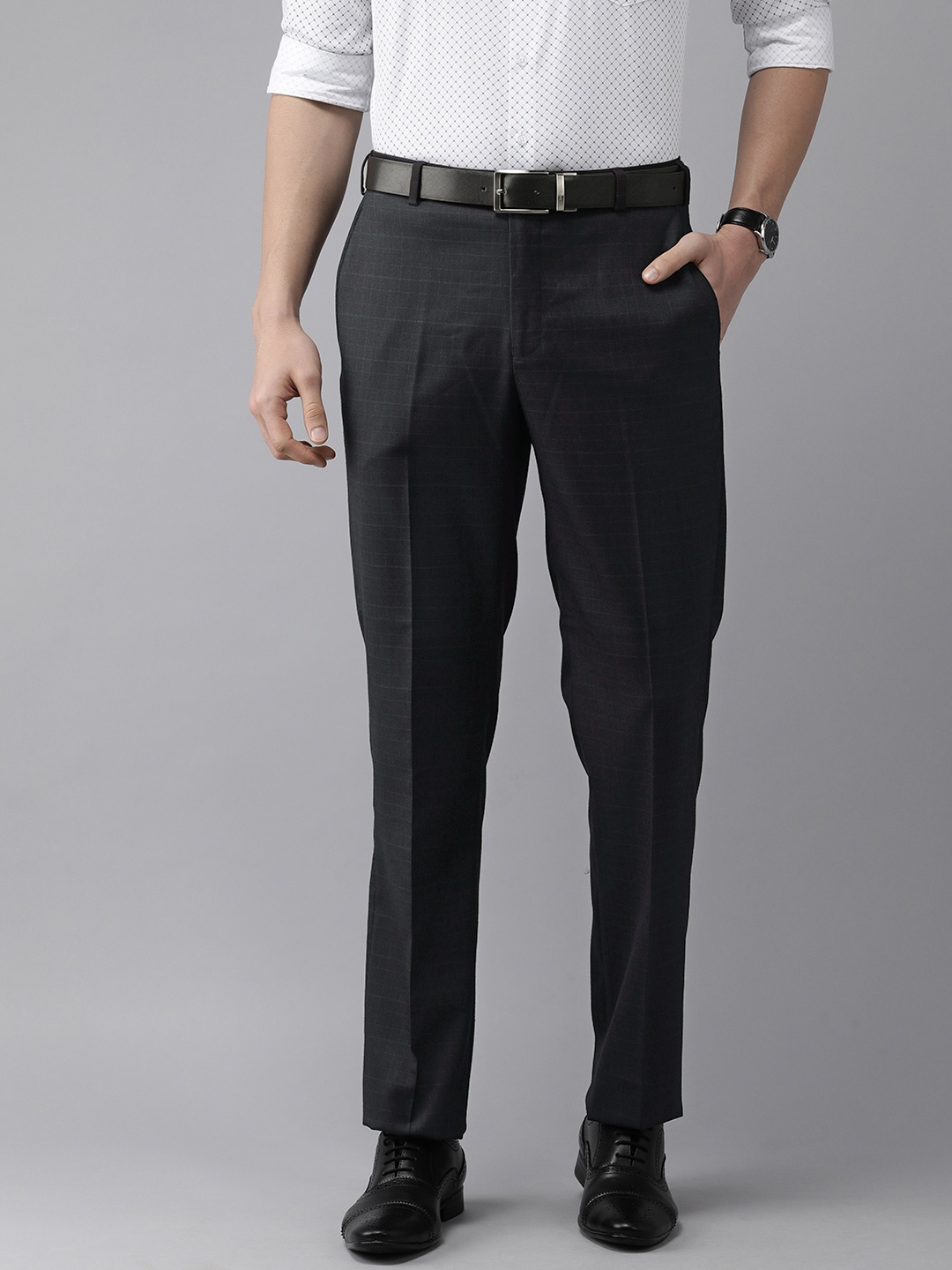 

Park Avenue Men Navy Blue Checked Smart Fit Mid-Rise Plain Flat-Front Formal Trousers