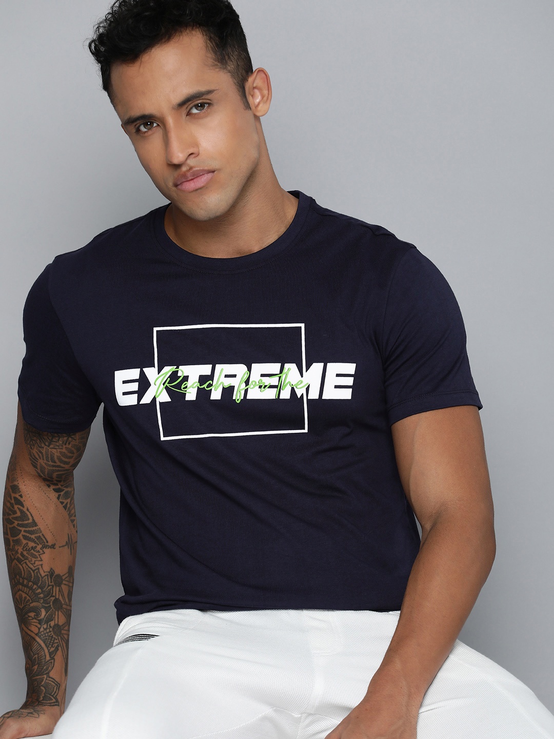 

HRX by Hrithik Roshan Men Navy Blue Typography Printed Pure Cotton T-shirt