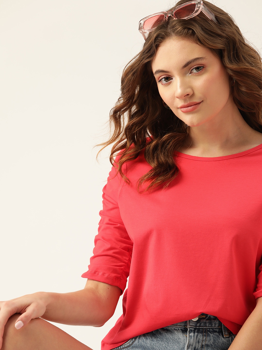 

DressBerry Coral Red Ruched Sleeves Top