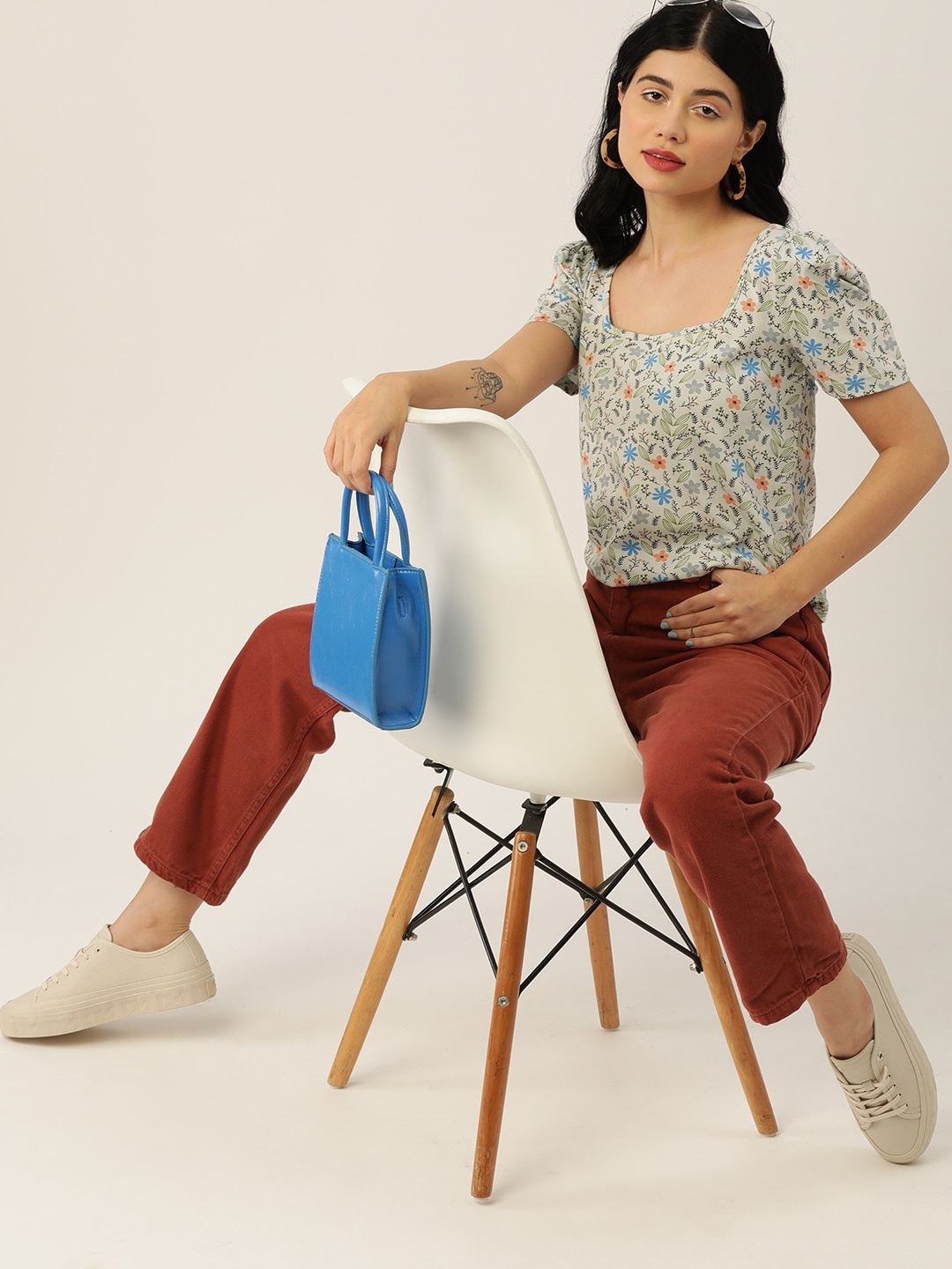 

DressBerry Off Blue & Black Floral Print Puff Sleeves Pure Cotton Top