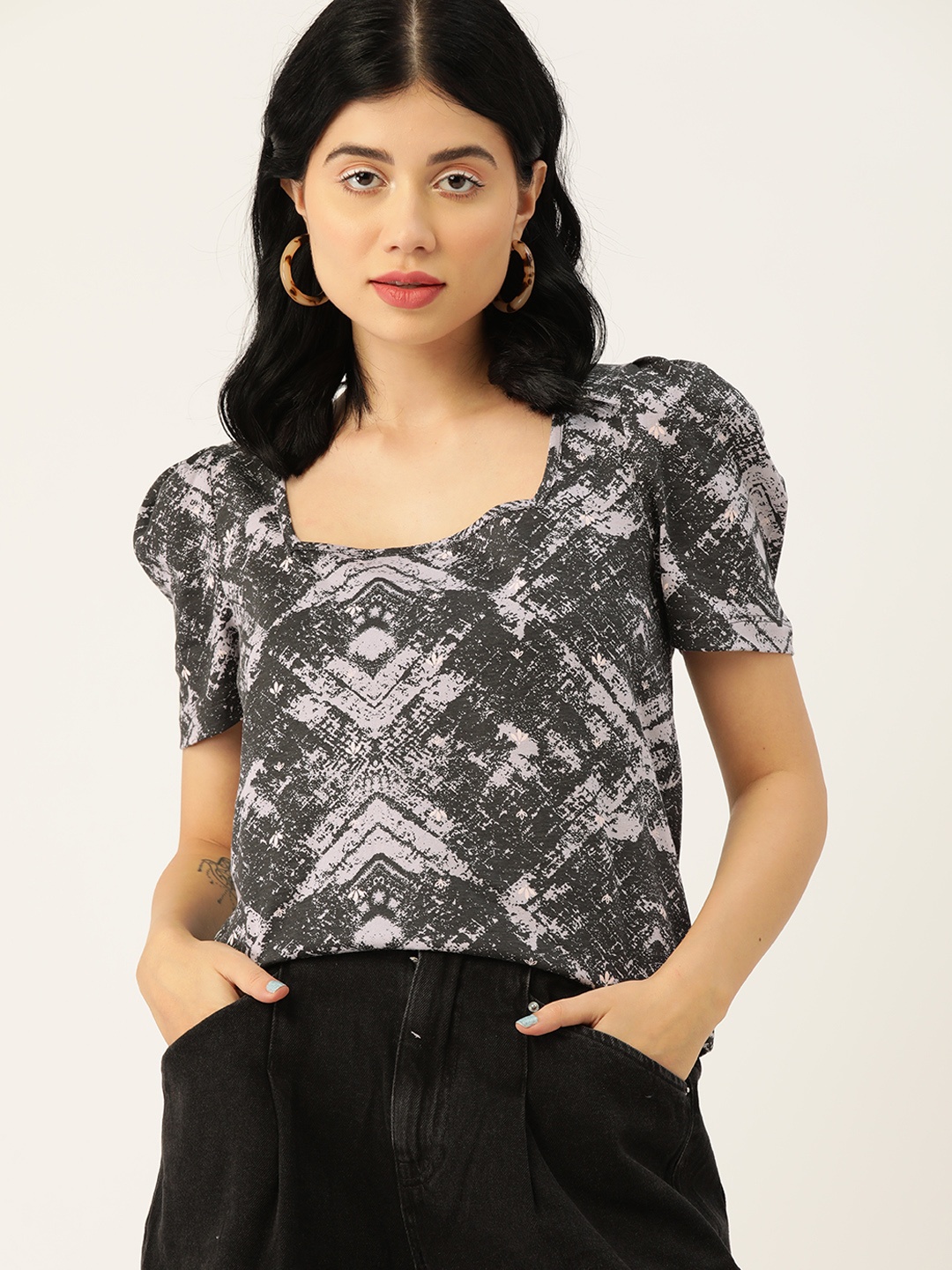 

DressBerry Lavender & Charcoal Grey Abstract Printed Pure Cotton Top