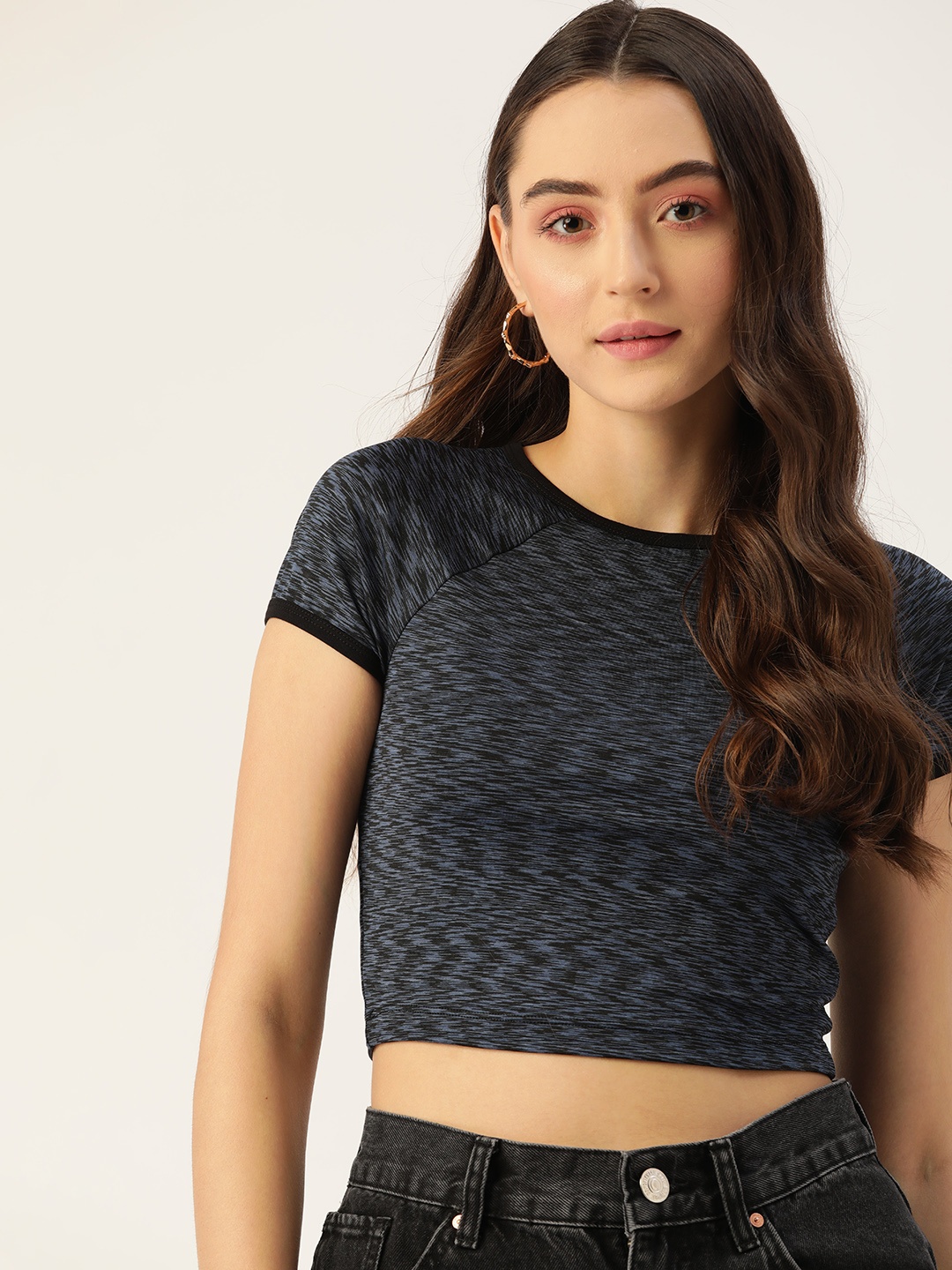

DressBerry Women Navy Blue & Black Slub Effect T-shirt
