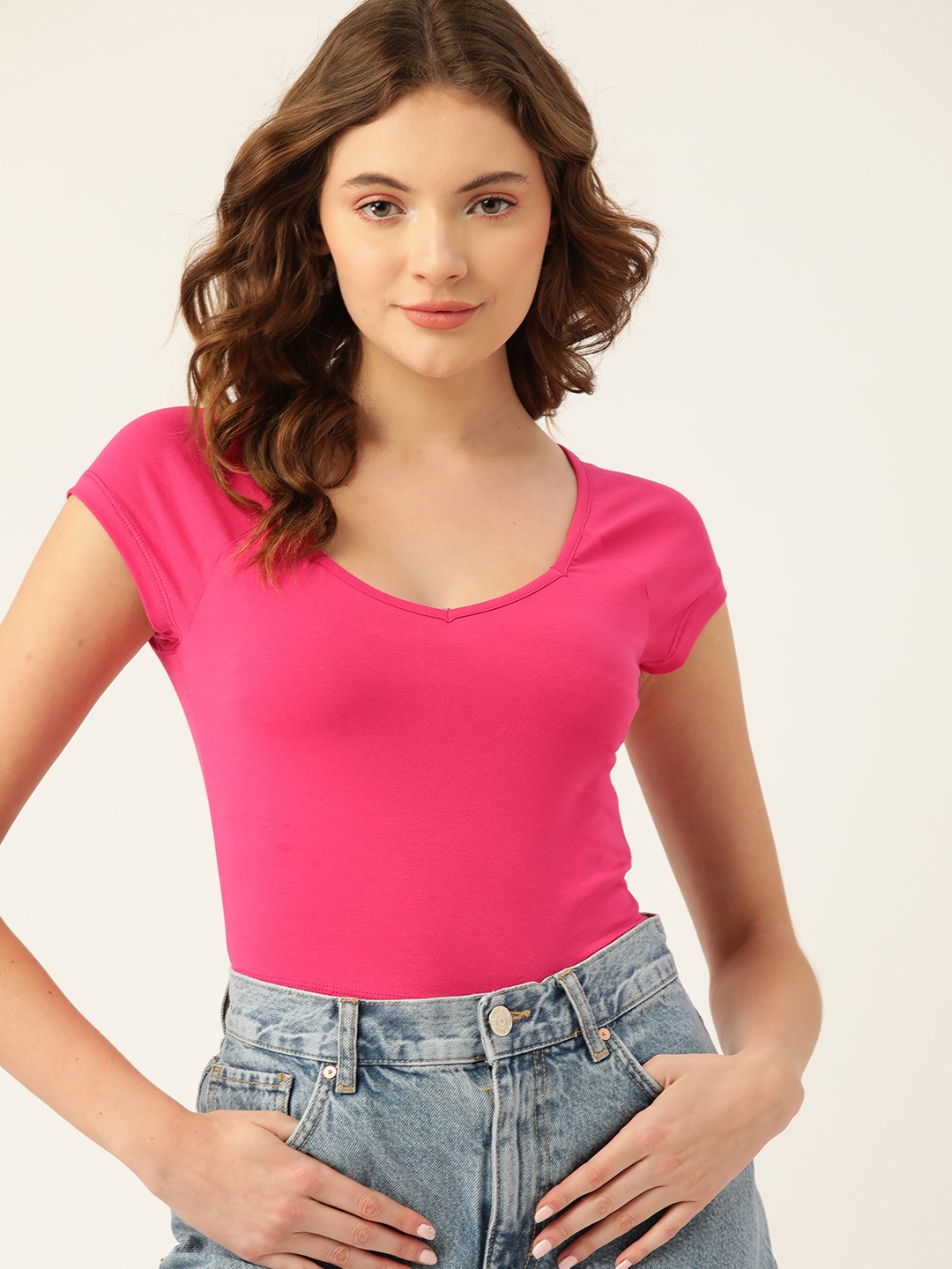 

DressBerry Women Fuchsia Sweetheart Neck T-shirt