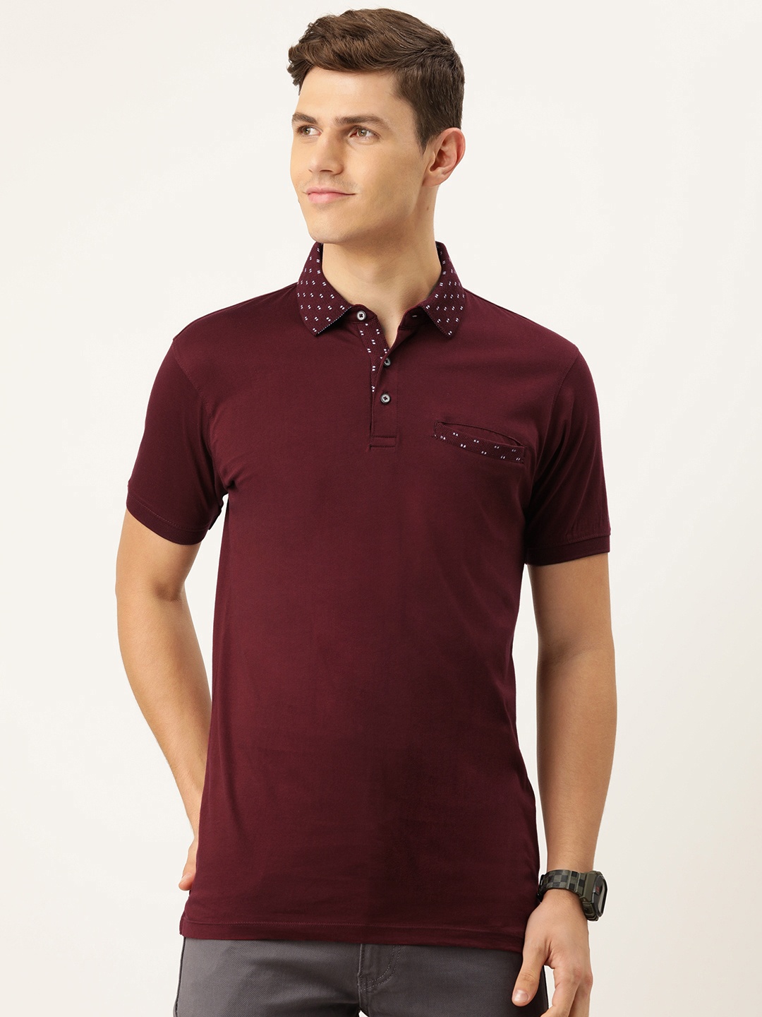 

Peter England Men Burgundy Solid Polo Collar Pure Cotton Pockets Regular Fit T-shirt