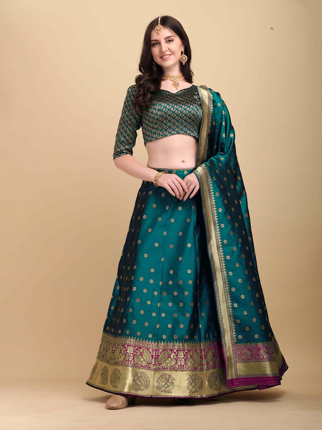 

HERE&NOW Green & Magenta Semi-Stitched Lehenga & Unstitched Blouse With Dupatta