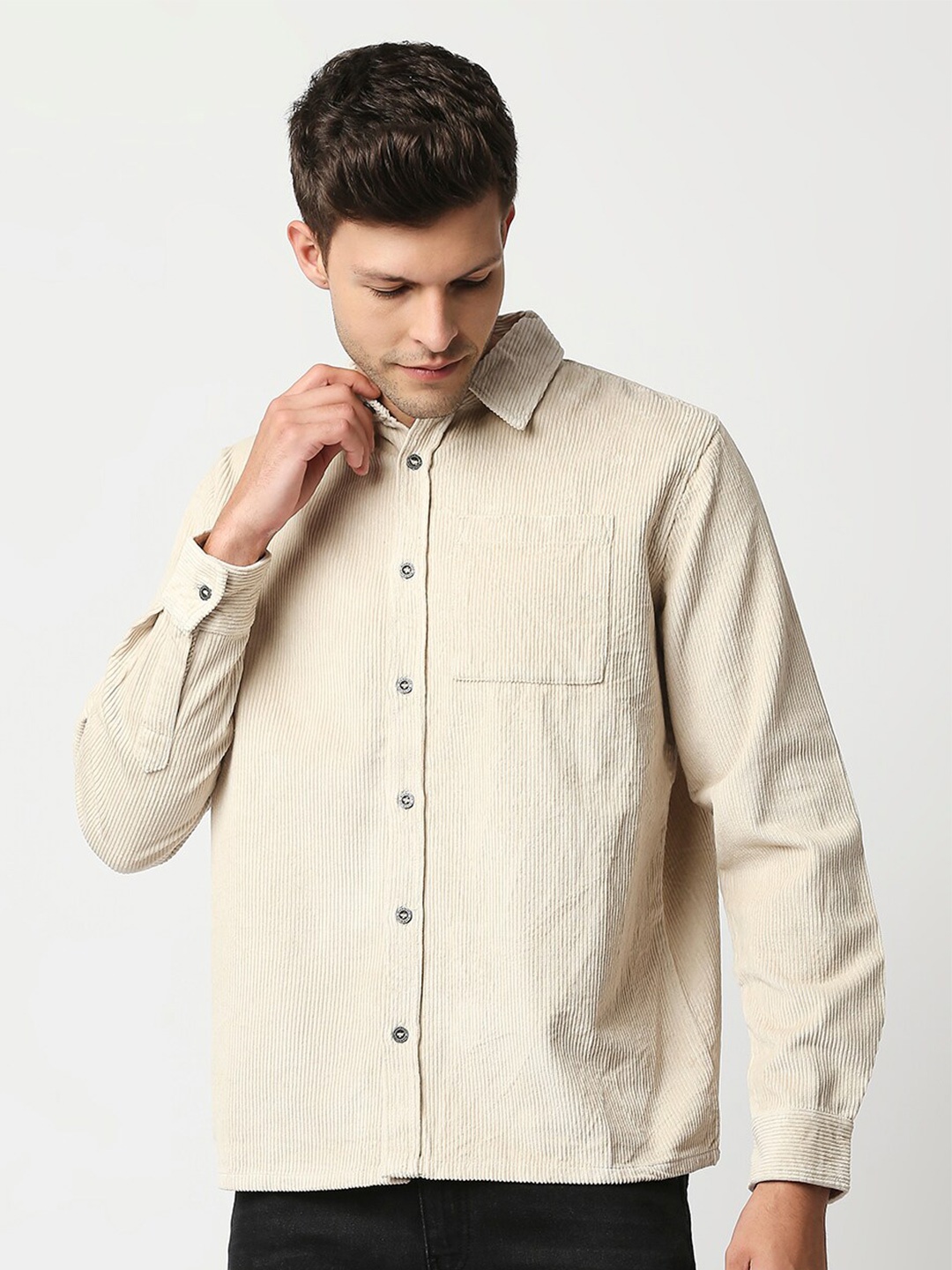 

Blamblack Men Cream-Coloured Slim Fit Casual Shirt