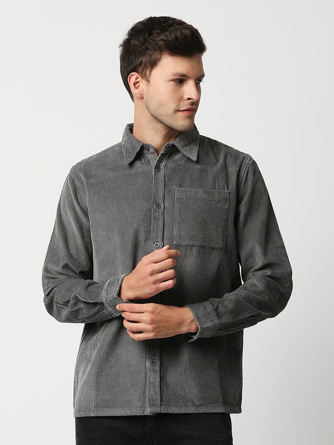 

Blamblack Men Grey Solid Cotton Slim Fit Casual Shirt