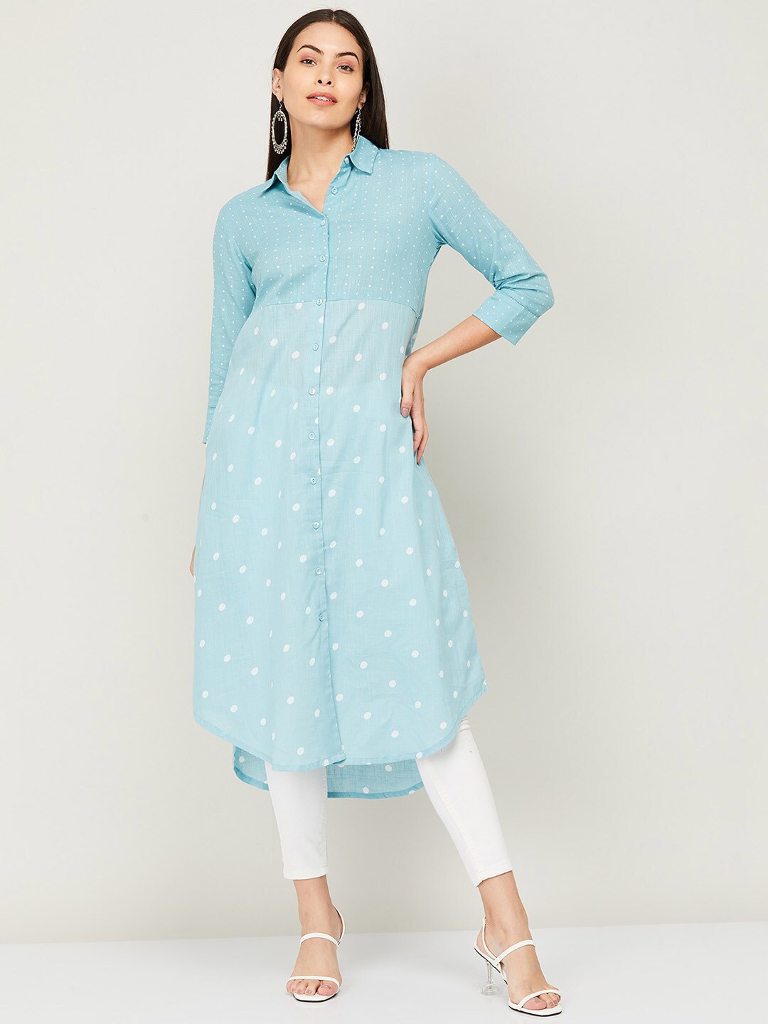 

Colour Me by Melange Blue & White Shirt Collar Polka Dots Printed Tunic